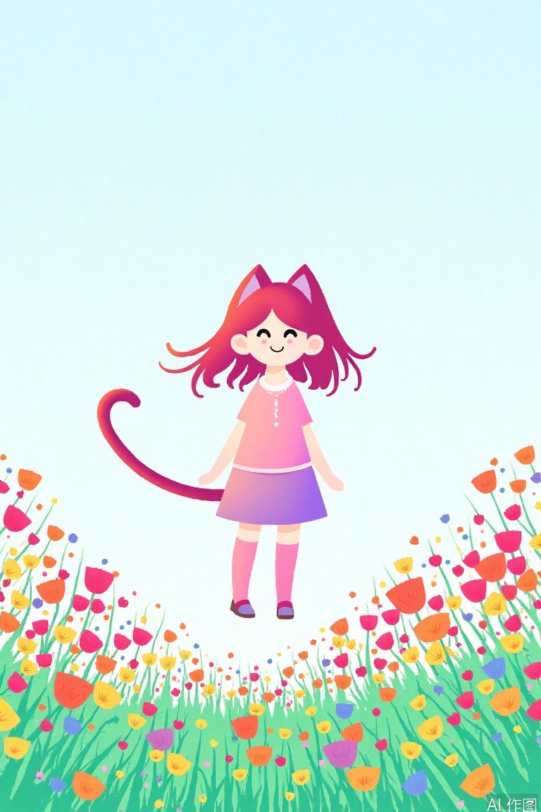 cat,Paper art,1girl,Pink art,flowers,prairie,park