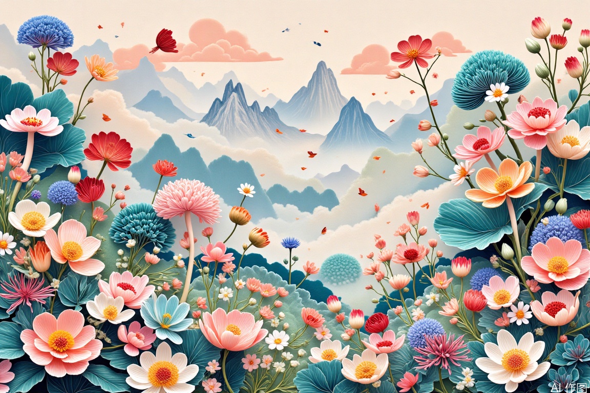 狗,花,cat,Paper art,1girl,Pink art,flowers,prairie,park,Rosy clouds,inset,Bamboo woven articles, Meticulous Chinese painting,Mushroom city