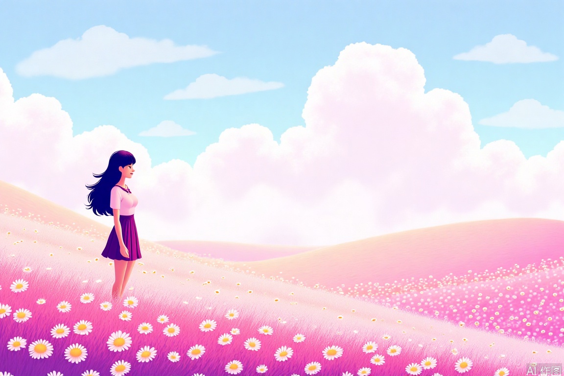 狗,花,cat,Paper art,1girl,Pink art,flowers,prairie,park,Rosy clouds