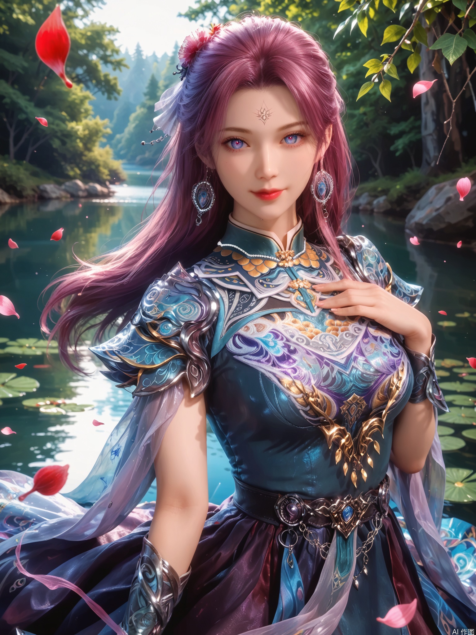 score_9,score_8_up,score_7_up,1girl,looking_at_viewer,realistic,1girl,Vivid Colors,bright environment,sunshine,god light,lake,delicate water surface,shiny skin,shiny hair,reflection,(wariza:1.2),dress,jewelry,flower sea,falling petals,extreme detail description,bright sunlight,bright_pupils,frontal lighting,(upper body:1),put one hand on your chest,