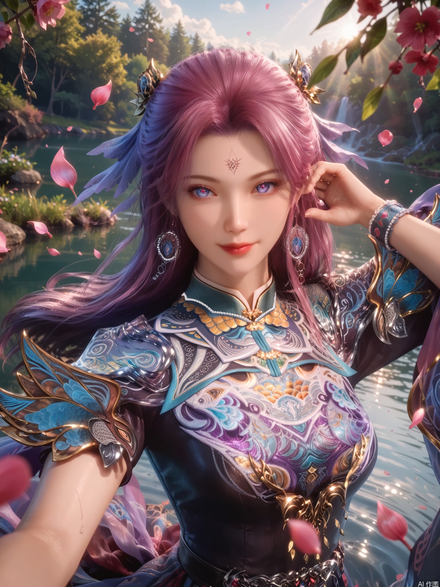 score_9,score_8_up,score_7_up,1girl,looking_at_viewer,realistic,1girl,Vivid Colors,bright environment,sunshine,god light,lake,delicate water surface,shiny skin,shiny hair,reflection,(wariza:1.2),dress,jewelry,flower sea,falling petals,extreme detail description,bright sunlight,bright_pupils,frontal lighting,(upper body:1),put one hand on your chest,