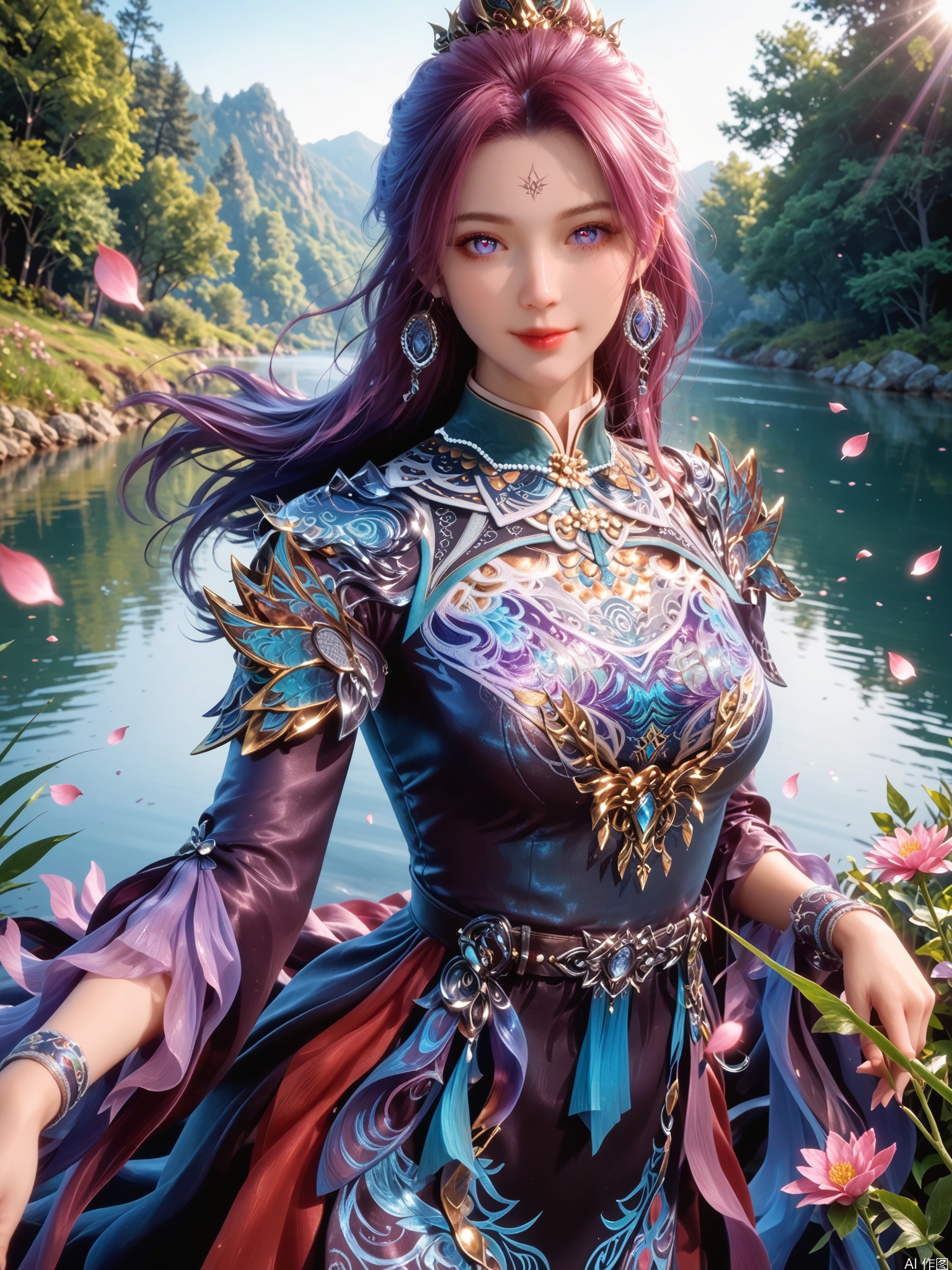 score_9,score_8_up,score_7_up,1girl,looking_at_viewer,realistic,1girl,Vivid Colors,bright environment,sunshine,god light,lake,delicate water surface,shiny skin,shiny hair,reflection,(wariza:1.2),dress,jewelry,flower sea,falling petals,extreme detail description,bright sunlight,bright_pupils,frontal lighting,(upper body:1),put one hand on your chest,