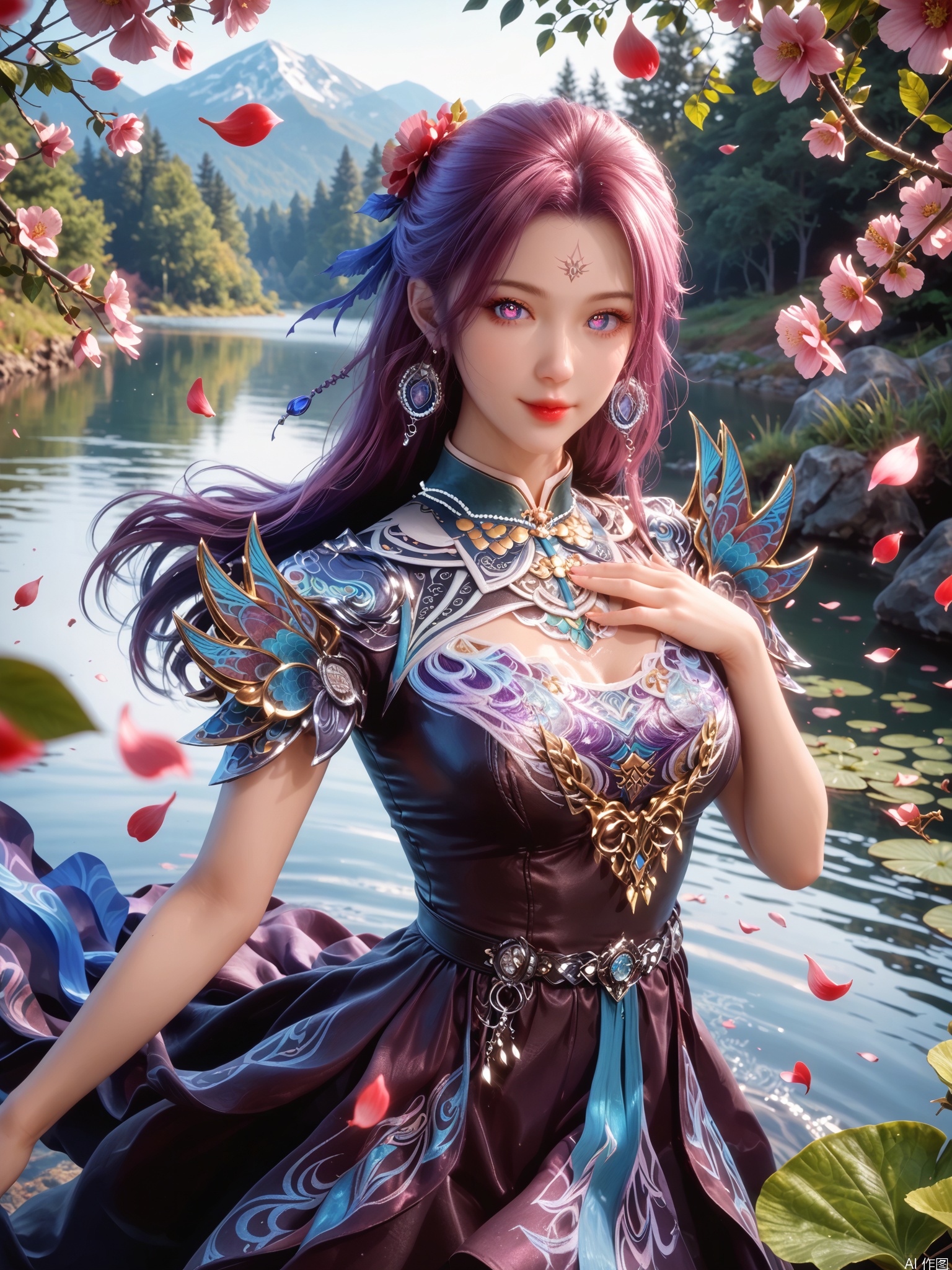 score_9,score_8_up,score_7_up,1girl,looking_at_viewer,realistic,1girl,Vivid Colors,bright environment,sunshine,god light,lake,delicate water surface,shiny skin,shiny hair,reflection,(wariza:1.2),dress,jewelry,flower sea,falling petals,extreme detail description,bright sunlight,bright_pupils,frontal lighting,(upper body:1),put one hand on your chest,