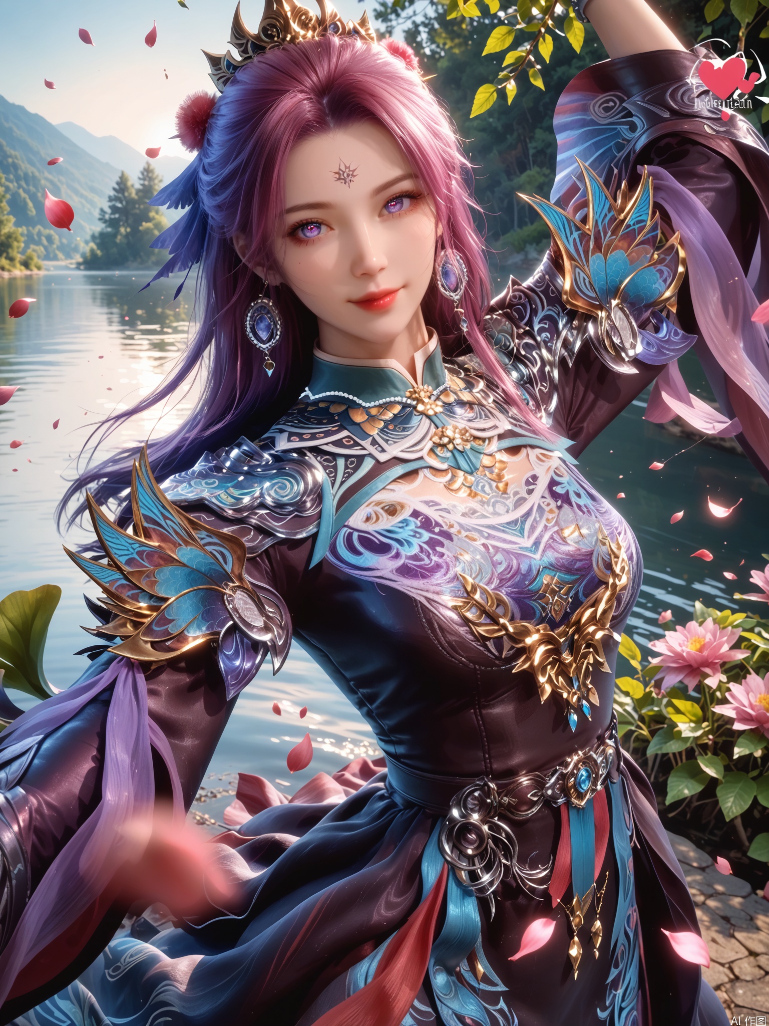 score_9,score_8_up,score_7_up,1girl,looking_at_viewer,realistic,1girl,Vivid Colors,bright environment,sunshine,god light,lake,delicate water surface,shiny skin,shiny hair,reflection,(wariza:1.2),dress,jewelry,flower sea,falling petals,extreme detail description,bright sunlight,bright_pupils,frontal lighting,(upper body:1),put one hand on your chest,