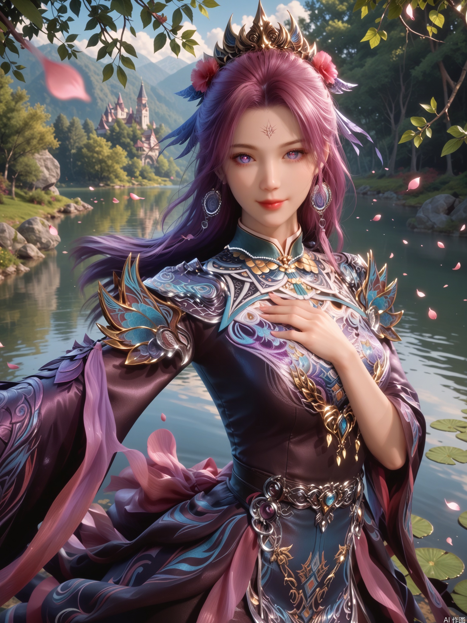 score_9,score_8_up,score_7_up,1girl,looking_at_viewer,realistic,1girl,Vivid Colors,bright environment,sunshine,god light,lake,delicate water surface,shiny skin,shiny hair,reflection,(wariza:1.2),dress,jewelry,flower sea,falling petals,extreme detail description,bright sunlight,bright_pupils,frontal lighting,(upper body:1),put one hand on your chest,