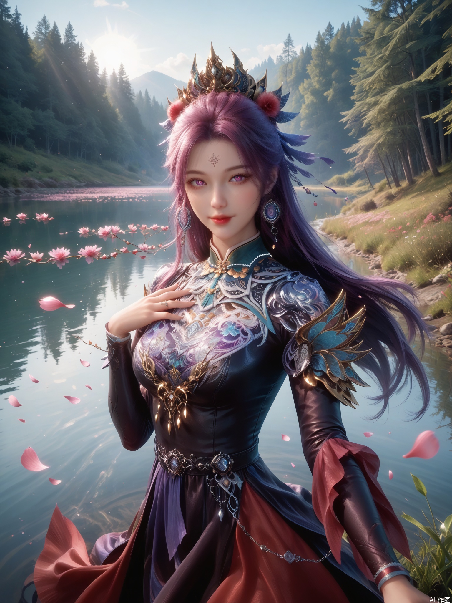 score_9,score_8_up,score_7_up,1girl,looking_at_viewer,realistic,1girl,Vivid Colors,bright environment,sunshine,god light,lake,delicate water surface,shiny skin,shiny hair,reflection,(wariza:1.2),dress,jewelry,flower sea,falling petals,extreme detail description,bright sunlight,bright_pupils,frontal lighting,(upper body:1),put one hand on your chest,