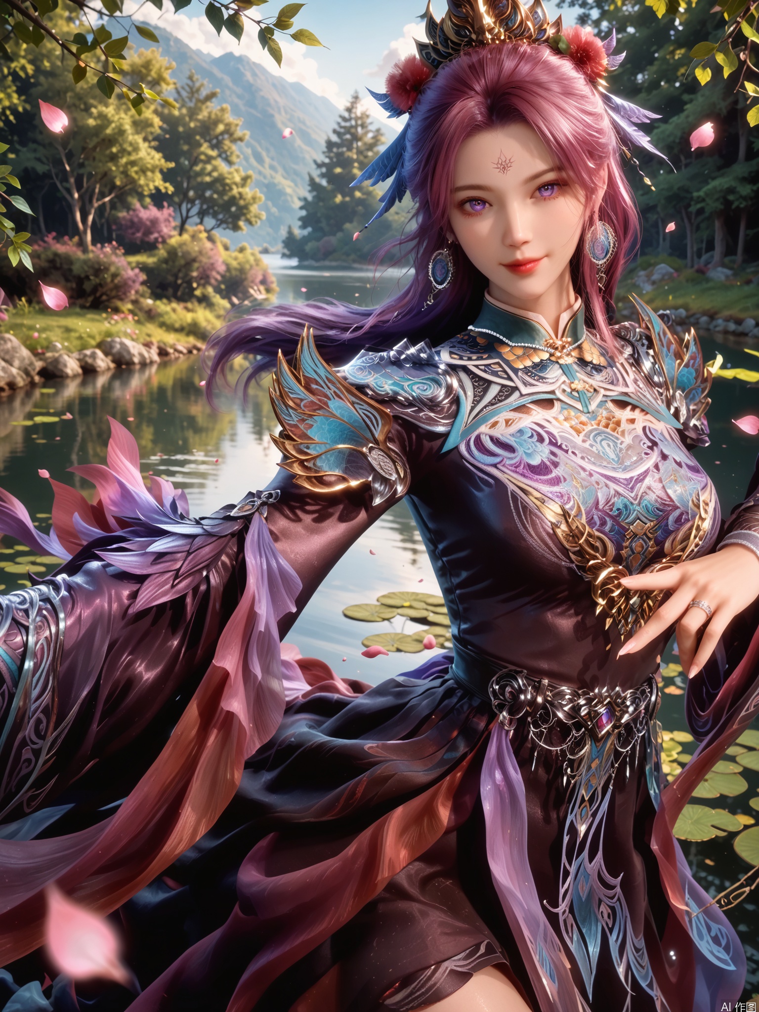 score_9,score_8_up,score_7_up,1girl,looking_at_viewer,realistic,1girl,Vivid Colors,bright environment,sunshine,god light,lake,delicate water surface,shiny skin,shiny hair,reflection,(wariza:1.2),dress,jewelry,flower sea,falling petals,extreme detail description,bright sunlight,bright_pupils,frontal lighting,(upper body:1),put one hand on your chest,