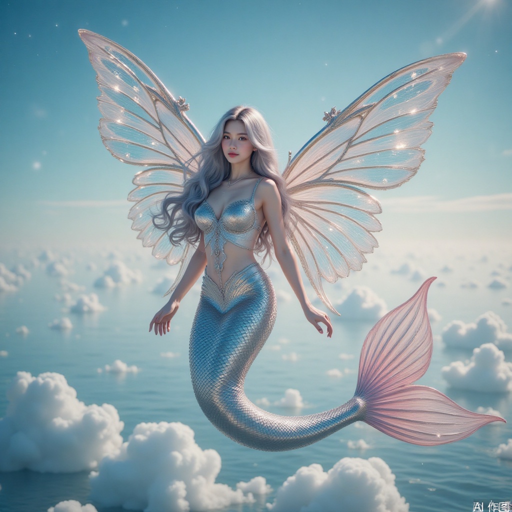 Mermaid flying in the sky with its wings,1girl, mermaid, female male mermaid,beautiful girl,female Mermaid