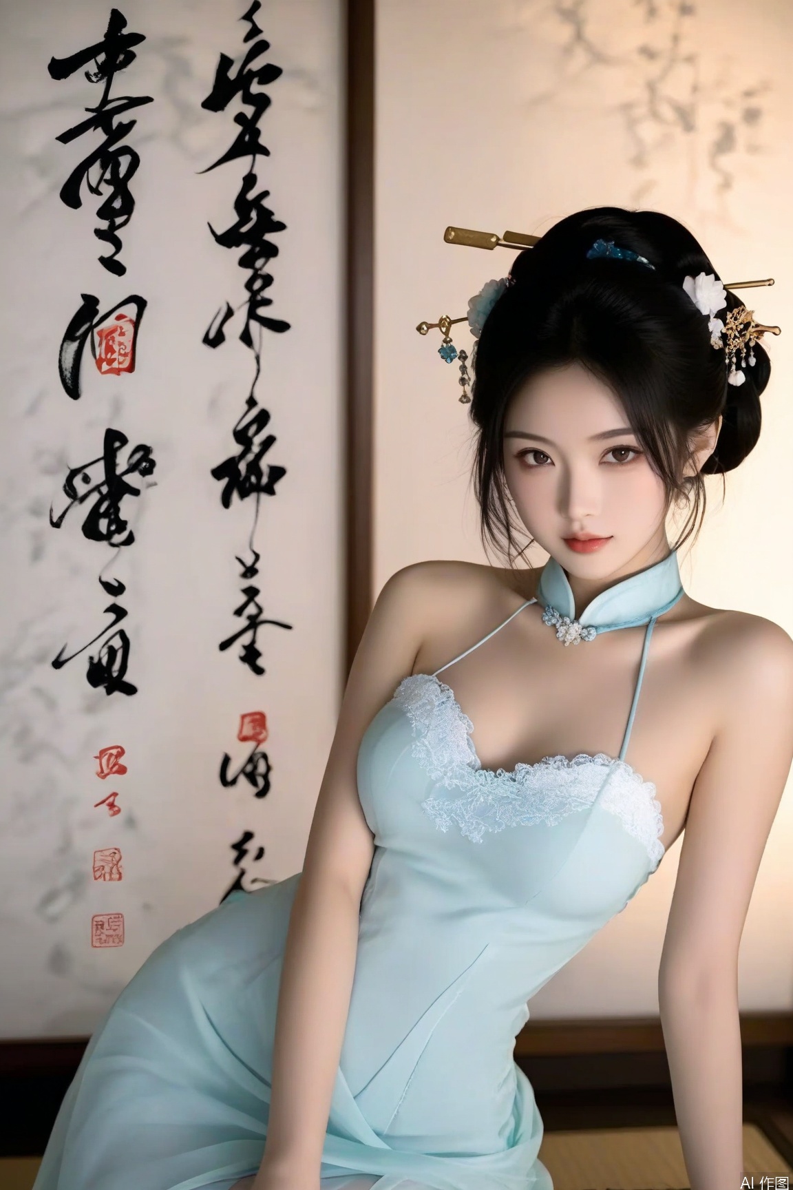 1girl,looking at viewer,black hair, hair ornament, dress,kanji