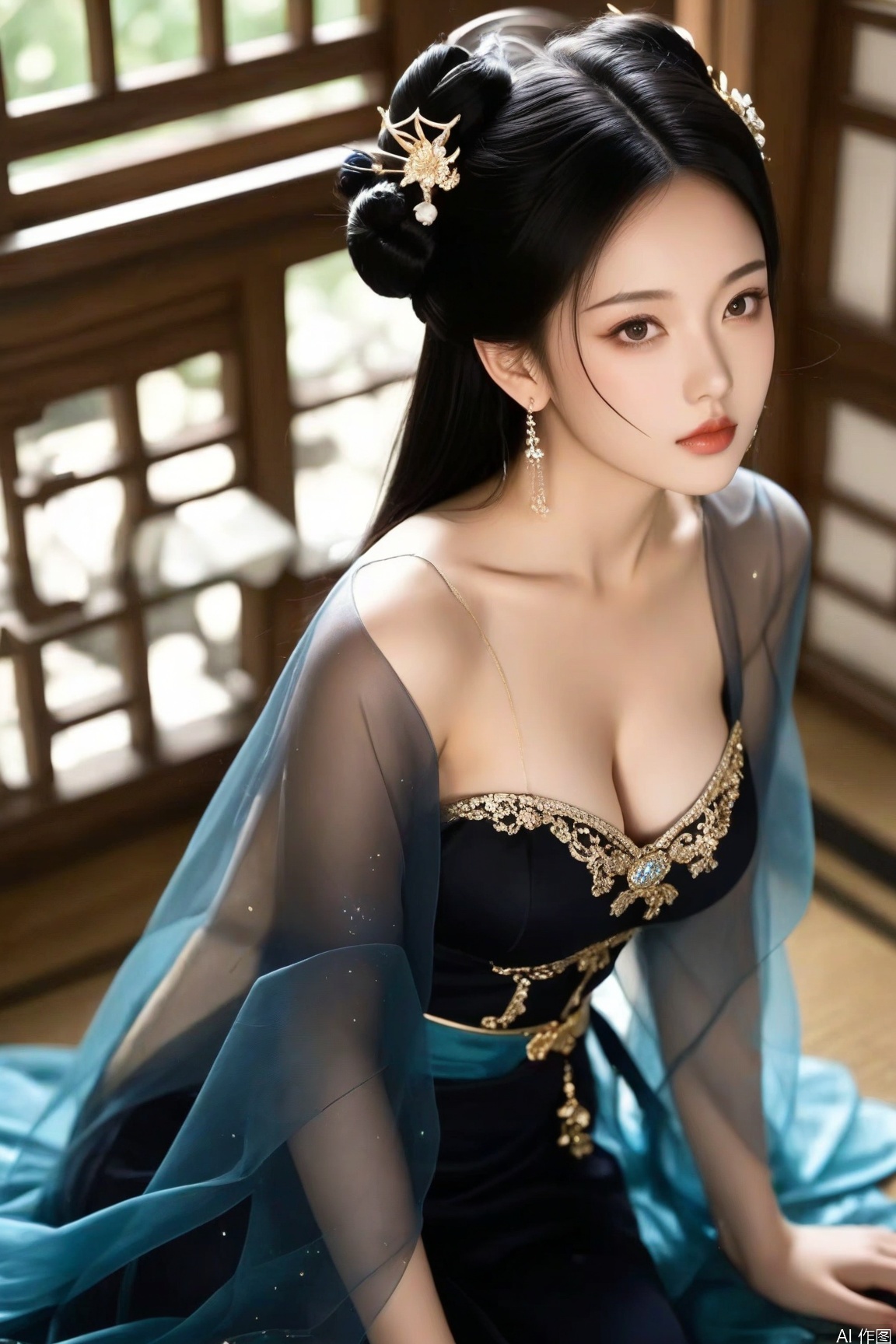 1girl, solo, long hair, breasts, looking at viewer, black hair, hair ornament, dress, cleavage, jewelry, sitting, earrings, hair bun, double bun, from above, looking up,i
