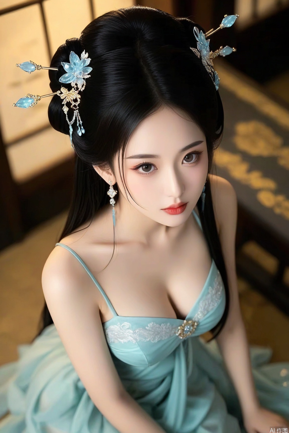 1girl, solo, long hair, breasts, looking at viewer, black hair, hair ornament, dress, cleavage, jewelry, sitting, earrings, hair bun, double bun, from above, looking up,