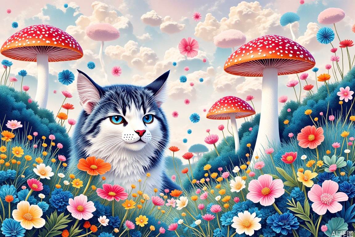 狗,花,cat,Paper art,1girl,Pink art,flowers,prairie,park,Rosy clouds,inset,Bamboo woven articles, Meticulous Chinese painting,Mushroom city