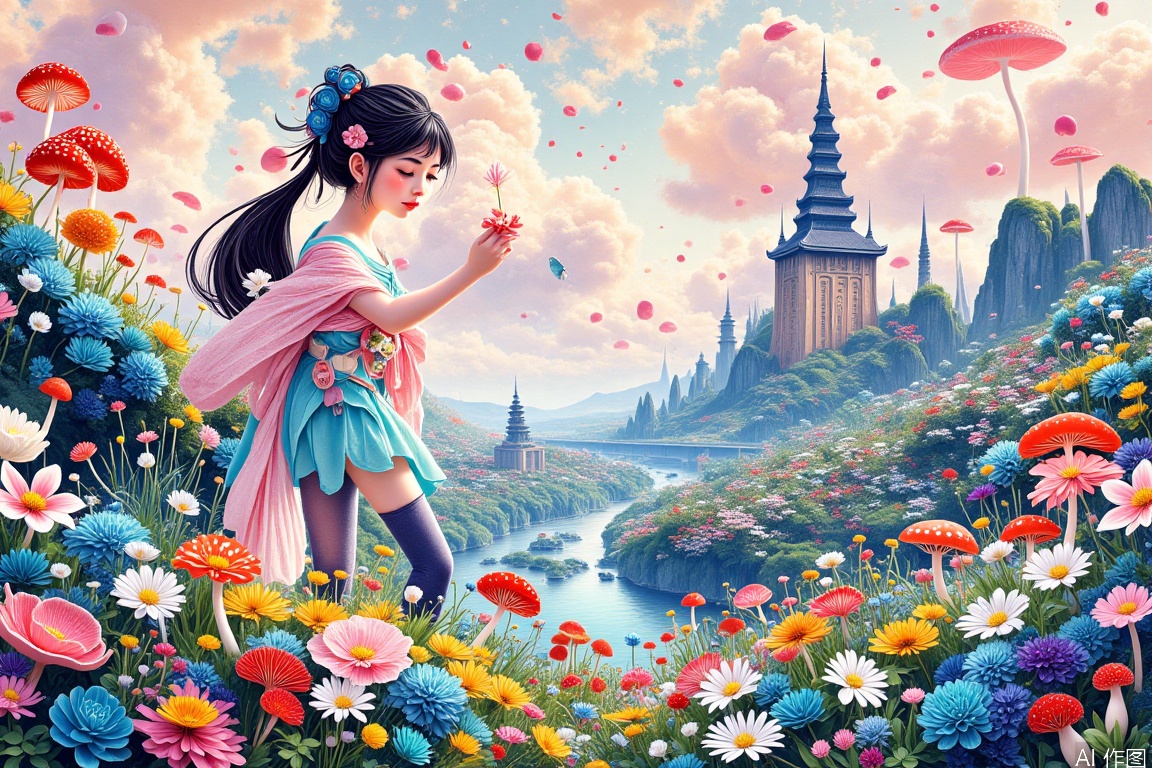 狗,花,cat,Paper art,1girl,Pink art,flowers,prairie,park,Rosy clouds,inset,Bamboo woven articles, Meticulous Chinese painting,Mushroom city