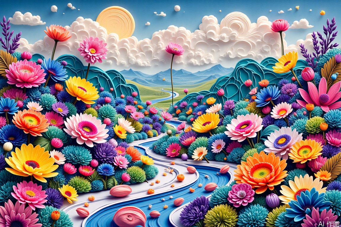 狗,花,cat,Paper art,1girl,Pink art,flowers,prairie,park,Rosy clouds,inset