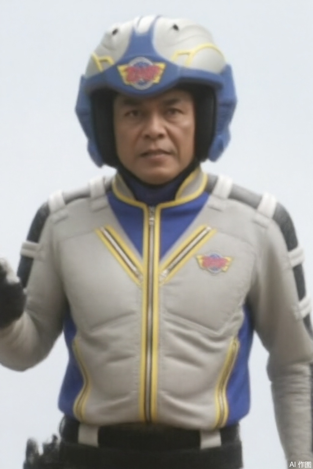 masterpiece, best quality,solo,(white background:1.2),simple background,
looking at viewer,ZAP,helmet,collar,belt,logo,uniform,jacket,emblem,blue jacket,blue pants,blue jacket with grey line,blue pants with gray line