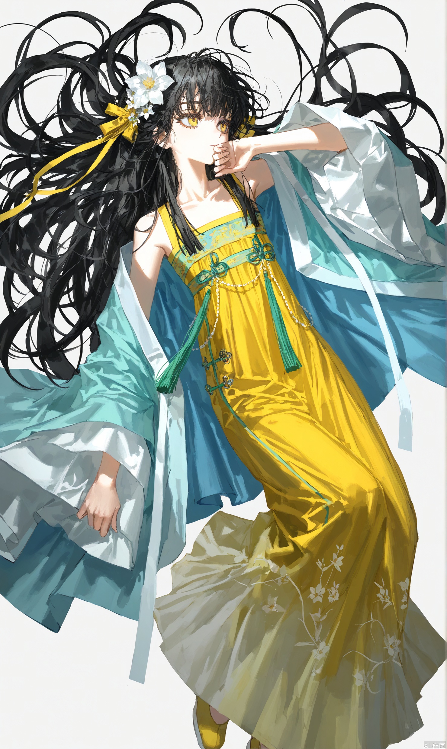 (artist:quasarcake:0.8),extreme aesthetic,(wlop:0.6),
White background, very long hair, simple background, white theme, folds, close your mouth,
1girl, solo, yellow footwear, yellow dress, yellow eyes, full body, black hair, long hair, dress, hair ornament, flower, hair flower, closed mouth, tassel, bare shoulders, chinese clothes,Korean painting style,the whole body,Anime clothes,ancient Hanfu
