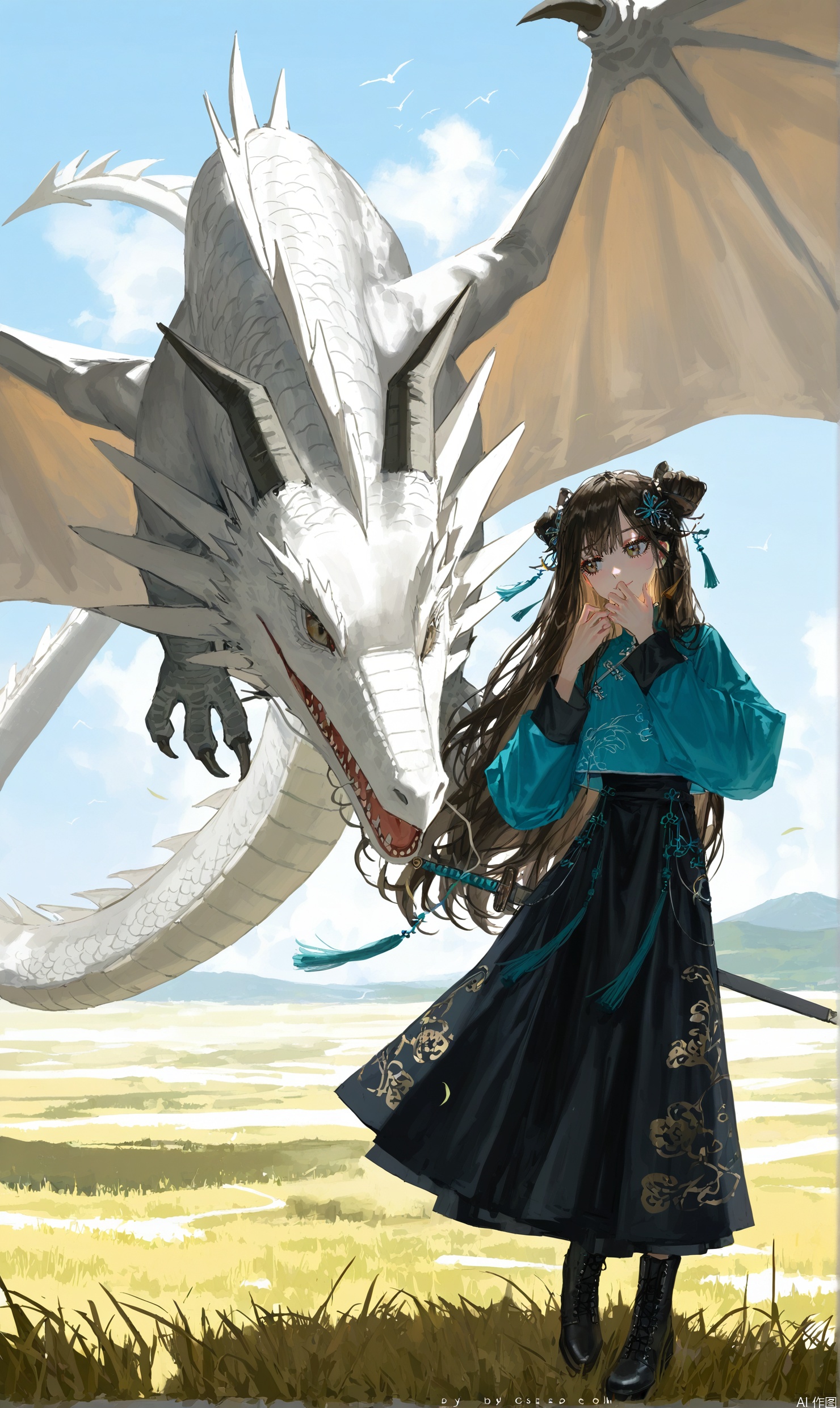 (artist:quasarcake:0.8),extreme aesthetic,(wlop:0.6),
White background, very long hair, simple background, white theme, folds, close your mouth,

1 girl, Chinese clothes, black shoes, long sleeves, full body, white background, bun, looking at the audience, skirt, long skirt, brown hair, standing, shirt, brown eyes, close the mouth, tassel, hair ornament, smile, boots, long hair, folds, shoes

Dragon, long hair, 1 girl, floating, black hair, flying, weapon, sky, bird, floating weapon, floating object, sword, dress, outdoor, cloud, glow, standing
