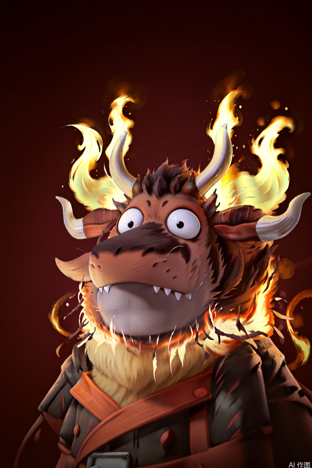 solo, looking at viewer, open mouth, horns, black eyes, pokemon \(creature\), fire dragon,no humans, fangs, fire, red background,Party Animals,animal focus