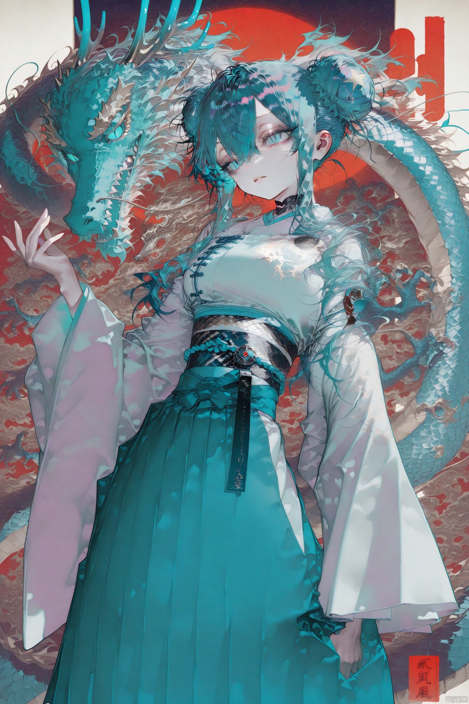 masterpiece, extreme aesthetic,best quality, high quality, extremely detailed CG unity 8k wallpaper, extremely detailed, High Detail, vibrant colors, anime style, cover art, sharp focus,impactful picture,offcial art,Chinese style,Anime national style clothes,Colorful and complex background, masterpiece,best quality,good quality,newest,very aesthetic,absurdres,Visual impact,32K UHD,colorful, 1girl, solo, long hair, eastern dragon, dragon, multicolored hair, double bun, year of the dragon, long sleeves, japanese clothes, wide sleeves, hair bun, parted lips, aqua eyes, blue eyes, aqua hair, chinese zodiac, sash, skirt, hakama, chinese clothes, hand up (wanke:0.8),(mon (monmon2133):0.5),(mochizuki kei:0.95), (tira 27:0.7)
