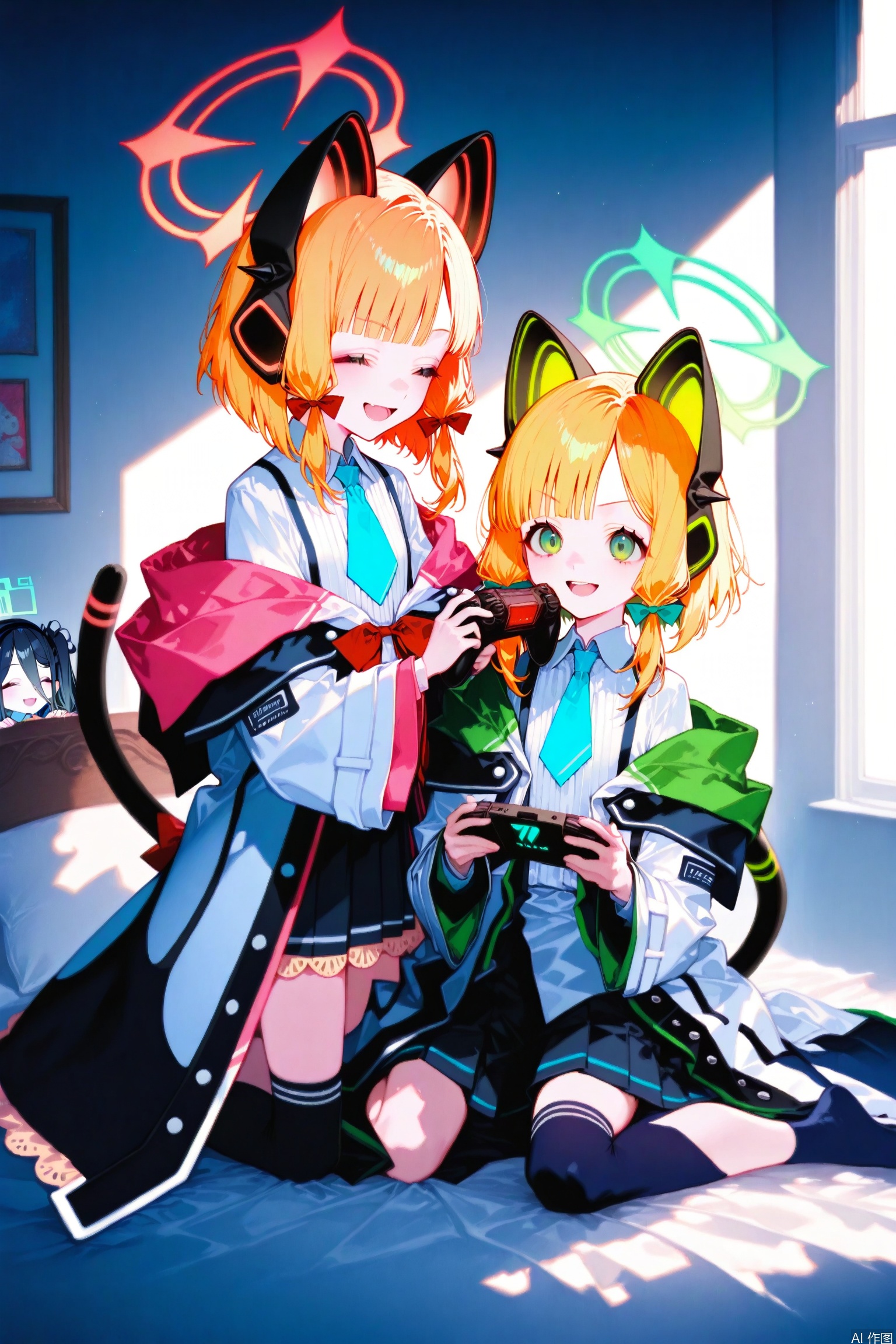 long hair, smile, short hair, open mouth, multiple girls, blonde hair, black hair, animal ears, very long hair, school uniform, green eyes, jacket, tail, closed eyes, red hair, necktie, indoors, window, 4girls, bed, siblings, headphones, halo, stuffed toy, sisters, twins, game console, animal ear headphones, cat ear headphones, aris \(blue archive\), momoi \(blue archive\), midori \(blue archive\) ,(artist:quasarcake:0.6),extreme aesthetic,masterpiece, best quality, backlight,high quality, (Tyndall Effect 1.4),extremely detailed, High Detail, vibrant colors, anime style, cover art,(wanke:0.8),(watercolor \(tira 7:0.8),(lam (ramdayo):0.8),(mochizuki kei:0.8),extreme aesthetic,masterpiece,best quality,good quality,newest,very aesthetic,absurdres,Visual impact,32K UHD,colorful,sharp focus
