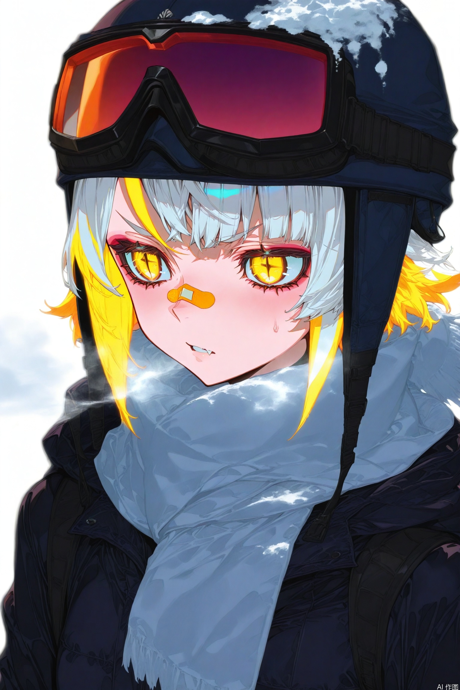 cogecha,(mika pikazo:0.4),[:(onono imoko:0.7),:12](rhasta:0.4),[quasarcake,::12][(jima:0.8),::12] ultra close-up of the maiden glaring defiantly, her platinum white undercut hair with glowing yellow highlights framing her face. Industrial-grade ski goggles are pushed up, revealing her vertical-pupil eyes. Her heated breath is melting the snow on her scarf. One of her tiger teeth, chipped with a gold filling, is visible. A neon orange防寒面罩(cold-weather mask) is pulled down to her chin. A cross-shaped bandaid is across her nose bridge, and holographic snow data is reflected on her goggles. Steam vents on her jacket collar emit heat waves.
