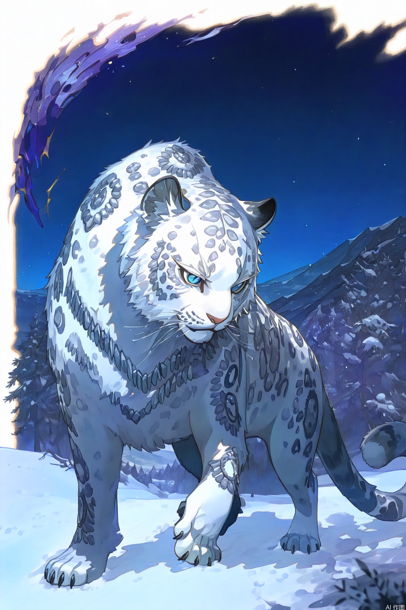 With the spirit of the mountains and the mystery of the cosmos, the snow leopard moves with unparalleled grace and power. Every step is a dance between strength and elegance, as the swirling colors of nature and the universe merge around it. A symbol of resilience, beauty, and untamed freedom, this magnificent creature reminds us that true power lies in both stillness and motion.
