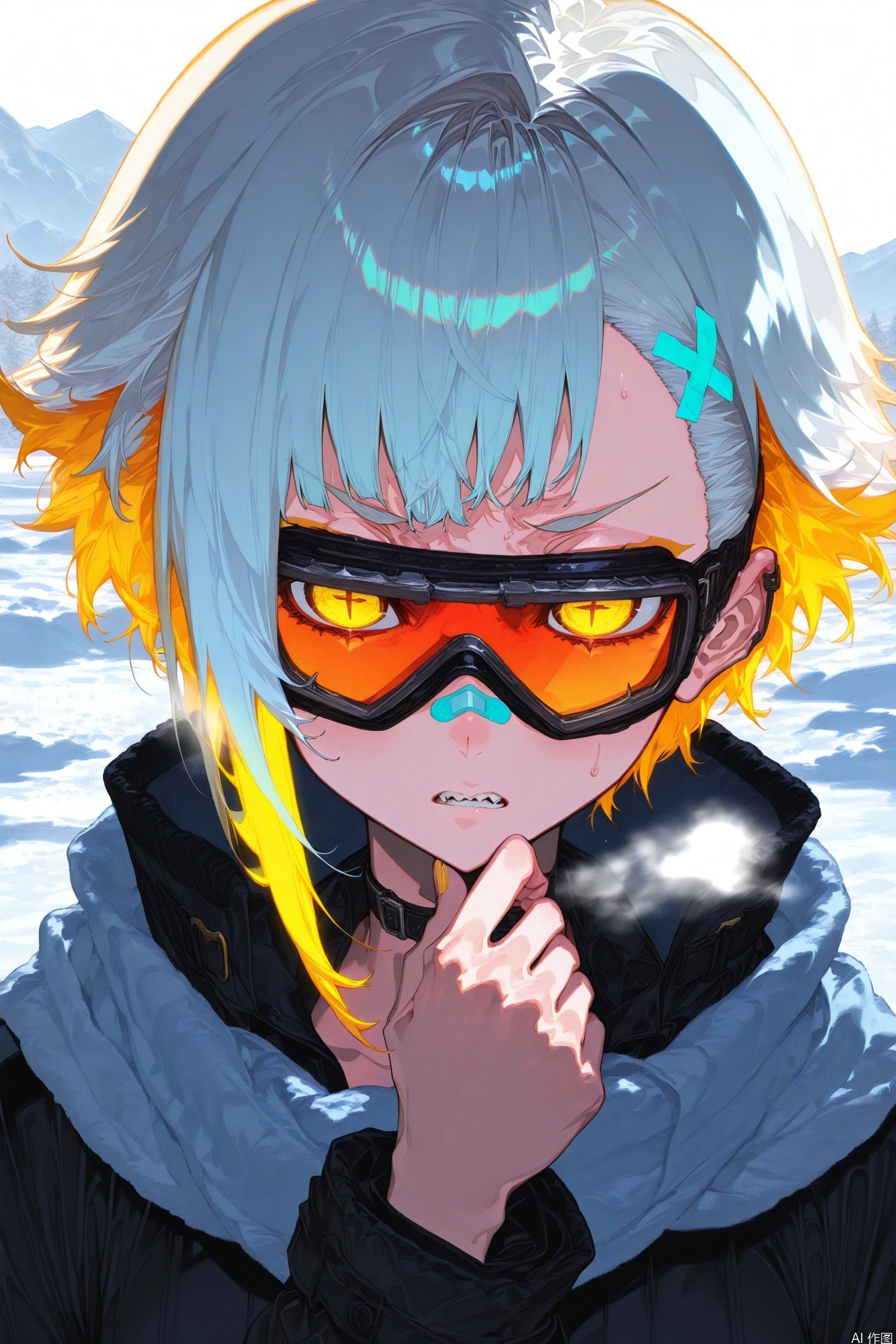 cogecha,(mika pikazo:0.4),[:(onono imoko:0.7),:12](rhasta:0.4),[quasarcake,::12][(jima:0.8),::12] ultra close-up of the maiden glaring defiantly, her platinum white undercut hair with glowing yellow highlights framing her face. Industrial-grade ski goggles are pushed up, revealing her vertical-pupil eyes. Her heated breath is melting the snow on her scarf. One of her tiger teeth, chipped with a gold filling, is visible. A neon orange防寒面罩(cold-weather mask) is pulled down to her chin. A cross-shaped bandaid is across her nose bridge, and holographic snow data is reflected on her goggles. Steam vents on her jacket collar emit heat waves.
