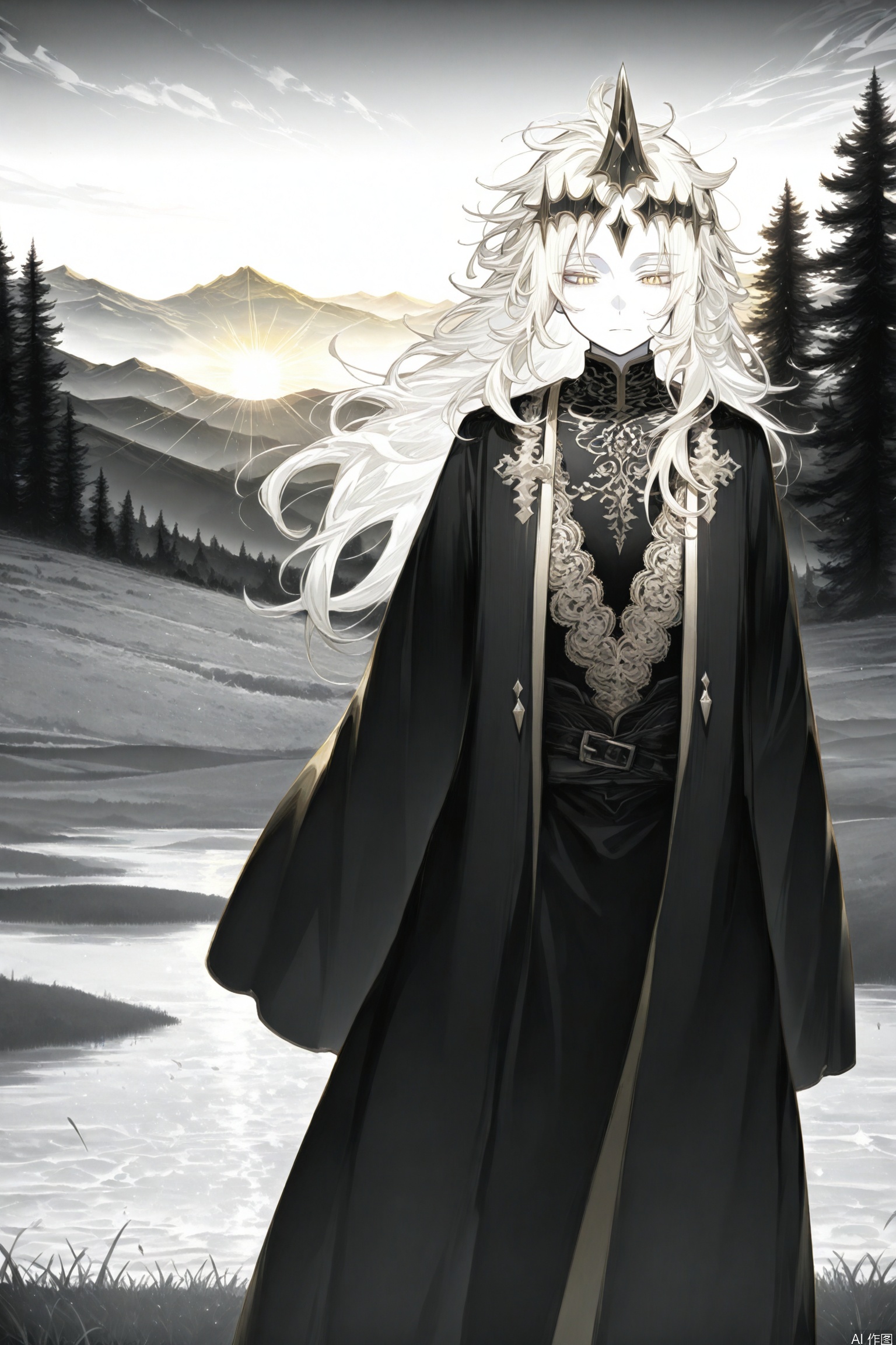 1boy,((((melt)))),(((((black and white melt))))),(((wear Black and white Taoist robes))),((((gold and silver lace)))),(((gold and silver lace lace))),(((flowing ((black)) and white background))),extremely detailed gorgeous tiara,((messy hair)),(grassland),(yellow eyes),incredibly absurdres,(gold hair),floating hair,Large number of environments,the medieval,grace,prospect,water eyes,wind,breeze,god ray,lawn,Mountains and lakes in the distance,The sun shines through the trees,A vast expanse of grassland,blonde hair,yellow eyes,white skin,mature female,sunrise,golden sky,magnificent architecture,beautiful detailed sky,overexposure,delicate gold metal decorations,
