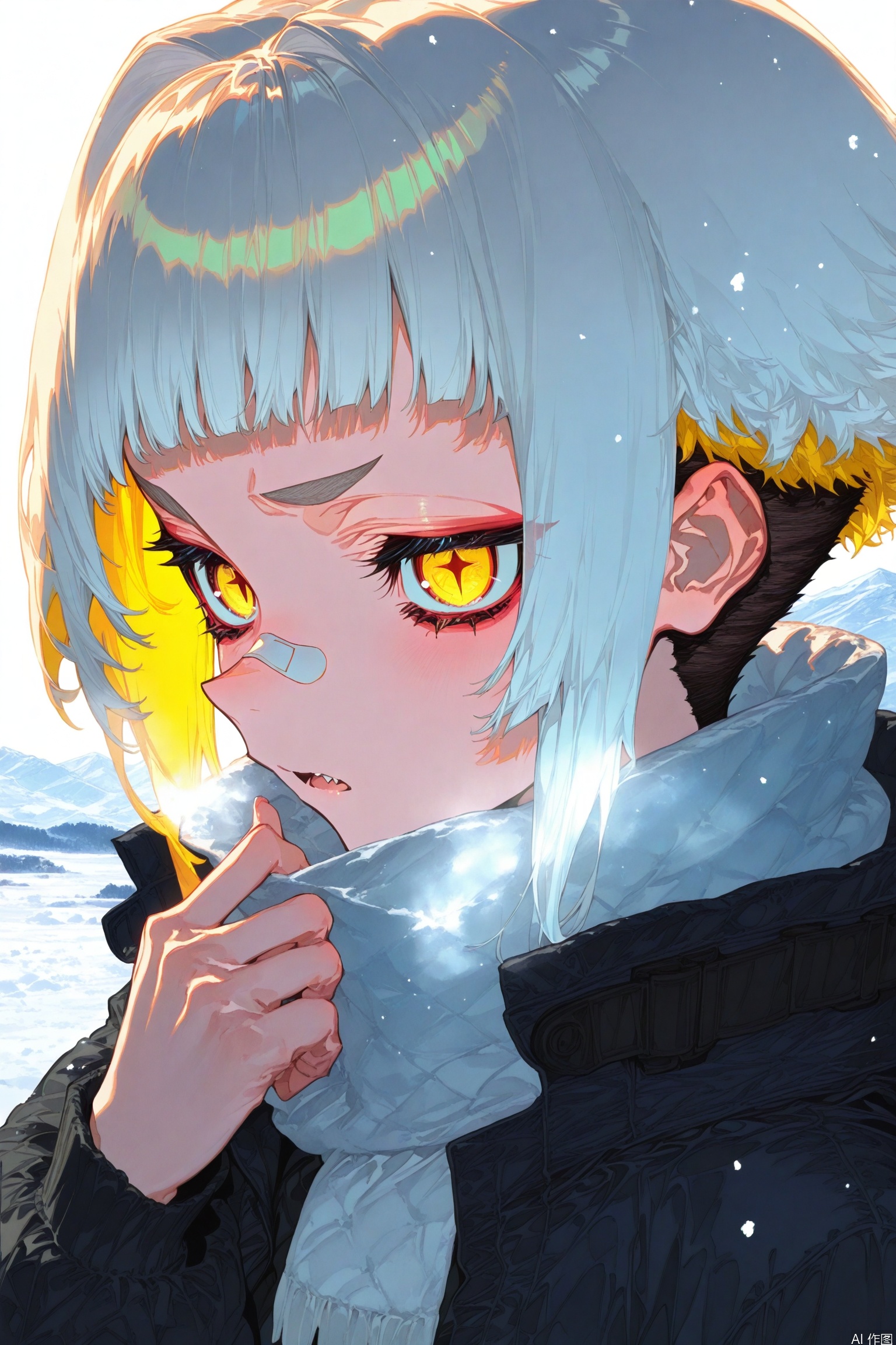 cogecha,(mika pikazo:0.4),[:(onono imoko:0.7),:12](rhasta:0.4),[quasarcake,::12][(jima:0.8),::12] ultra close-up of the maiden glaring defiantly, her platinum white undercut hair with glowing yellow highlights framing her face. Industrial-grade ski goggles are pushed up, revealing her vertical-pupil eyes. Her heated breath is melting the snow on her scarf. One of her tiger teeth, chipped with a gold filling, is visible. A neon orange防寒面罩(cold-weather mask) is pulled down to her chin. A cross-shaped bandaid is across her nose bridge, and holographic snow data is reflected on her goggles. Steam vents on her jacket collar emit heat waves.
