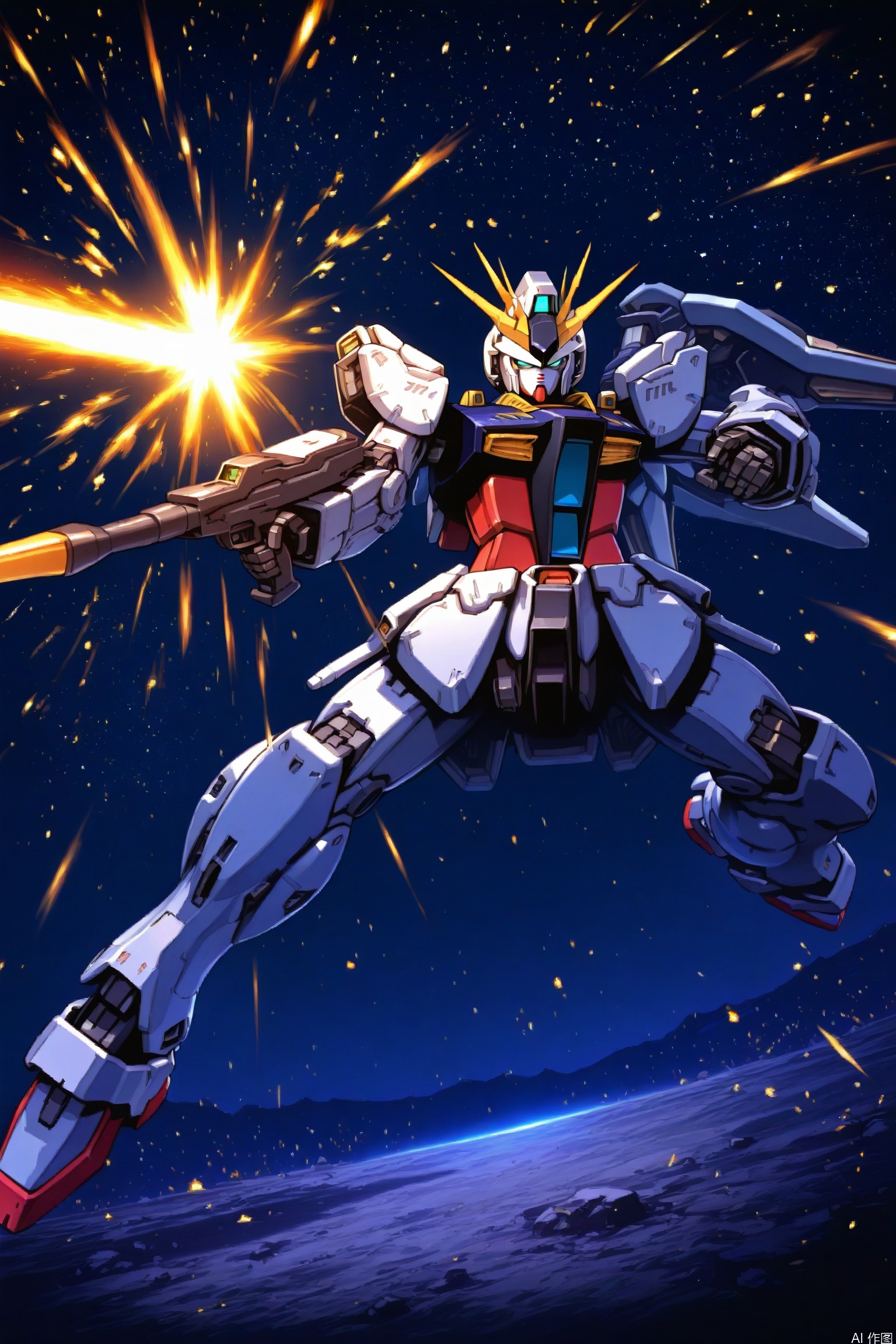 Gundam, holding weapons, fighting, Sparks, with cosmic stars as the background, with futuristic, high-definition graphics, C4D rendering illustration style, dark lighting, high quality panoramic shots, bright colors, creative picture,
