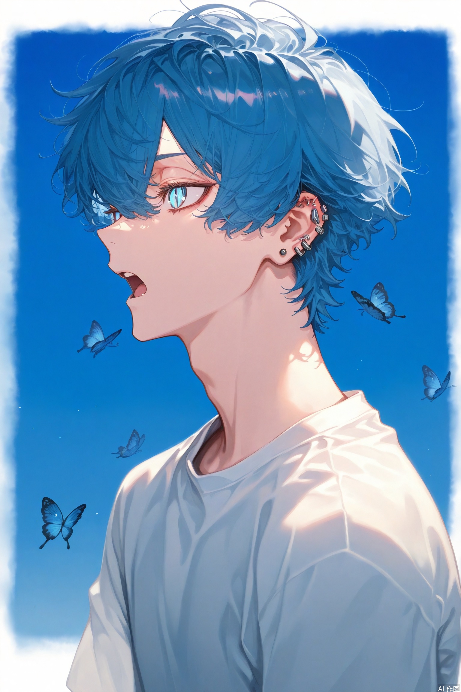 T-shirt design,An eye-level painting of a boy face is depicted in the center of the image. The boy ,head is facing towards the left side of the frame,with its mouth slightly open. Its eyes are a piercing blue,The boy's hair is white, his face is slightly freckled, his eyes are very bright, the boy is surrounded by butterflies, and only the boy's shoulders and head are shown in the picture, and the background is sky blue, super fine
