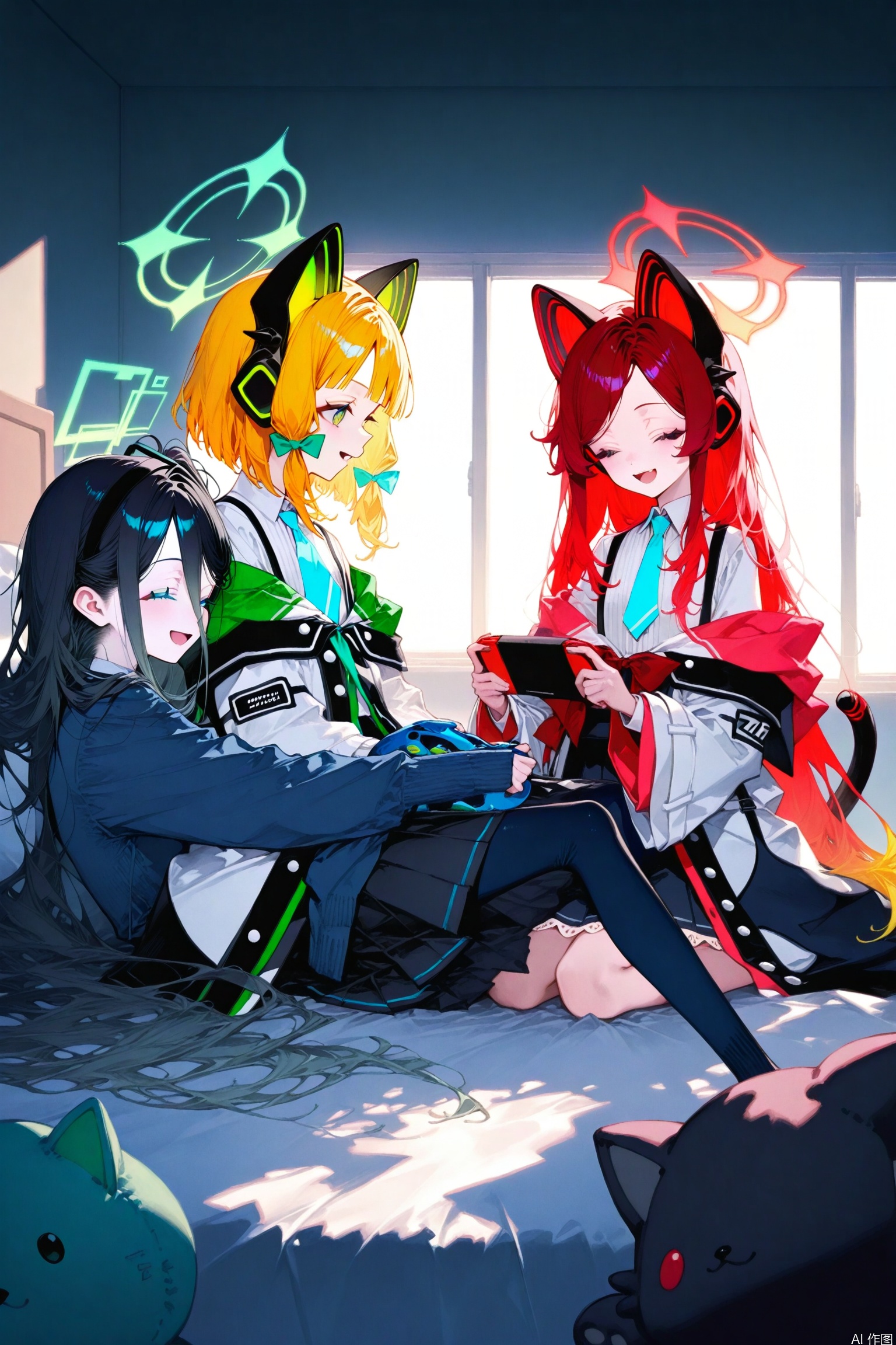 long hair, smile, short hair, open mouth, multiple girls, blonde hair, black hair, animal ears, very long hair, school uniform, green eyes, jacket, tail, closed eyes, red hair, necktie, indoors, window, 4girls, bed, siblings, headphones, halo, stuffed toy, sisters, twins, game console, animal ear headphones, cat ear headphones, aris \(blue archive\), momoi \(blue archive\), midori \(blue archive\) ,(artist:quasarcake:0.6),extreme aesthetic,masterpiece, best quality, backlight,high quality, (Tyndall Effect 1.4),extremely detailed, High Detail, vibrant colors, anime style, cover art,(wanke:0.8),(watercolor \(tira 7:0.8),(lam (ramdayo):0.8),(mochizuki kei:0.8),extreme aesthetic,masterpiece,best quality,good quality,newest,very aesthetic,absurdres,Visual impact,32K UHD,colorful,sharp focus
