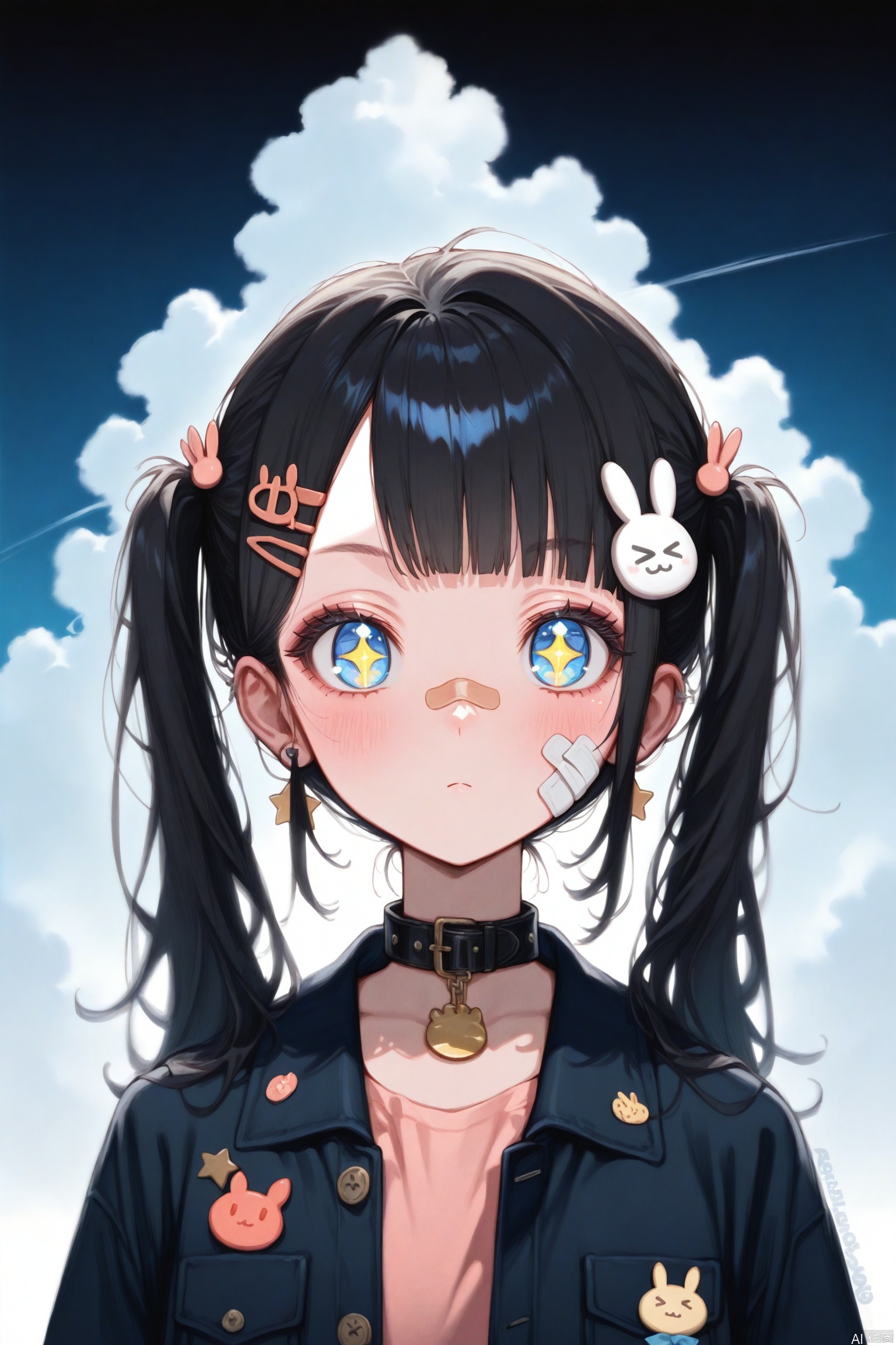 1girl, solo, long hair, looking at viewer, blush, bangs, blue eyes, shirt, black hair, hair ornament, animal ears, twintails, jewelry, jacket, upper body, earrings, hairclip, artist name, cloud, star \(symbol\), rabbit ears, collar, symbol-shaped pupils, bandaid, pocket, pink shirt, + +, bandaid on face, rabbit hair ornament
