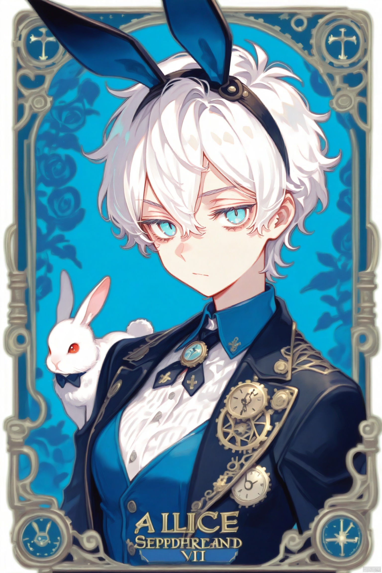 the white rabbit from Alice in wonderland steampunk styled tarot cartoon character
