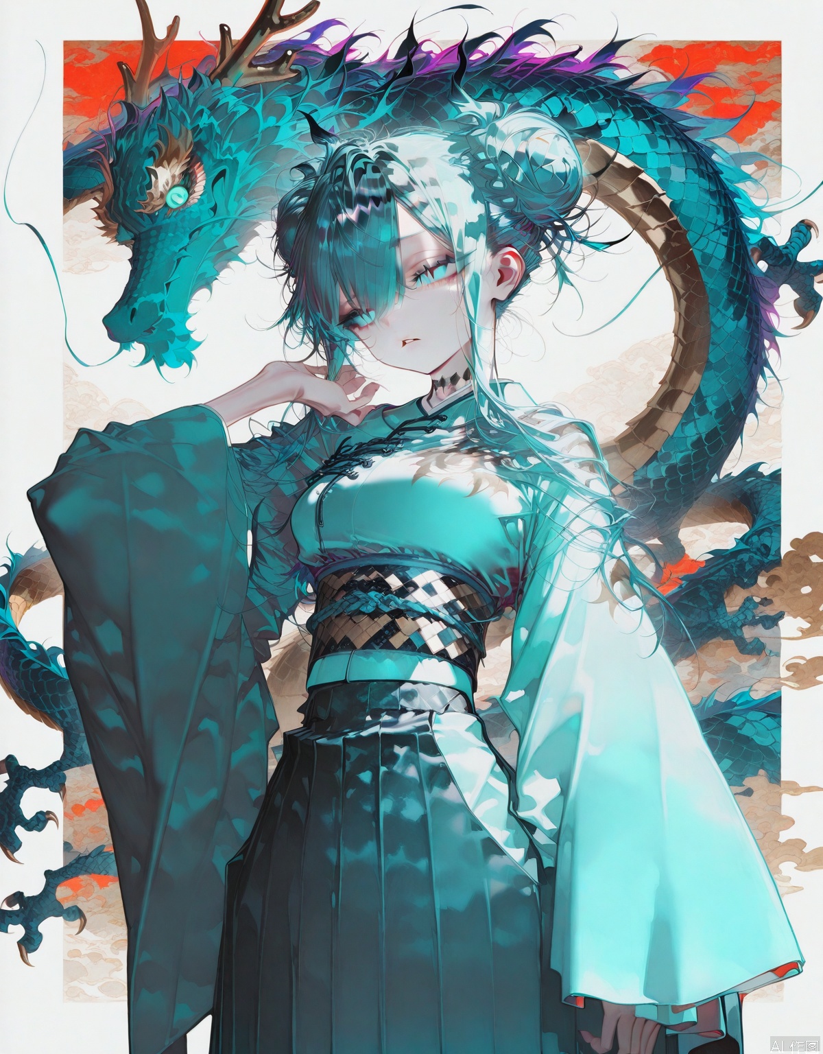 masterpiece, extreme aesthetic,best quality, high quality, extremely detailed CG unity 8k wallpaper, extremely detailed, High Detail, vibrant colors, anime style, cover art, sharp focus,impactful picture,offcial art,Chinese style,Anime national style clothes,Colorful and complex background, masterpiece,best quality,good quality,newest,very aesthetic,absurdres,Visual impact,32K UHD,colorful, 1girl, solo, long hair, eastern dragon, dragon, multicolored hair, double bun, year of the dragon, long sleeves, japanese clothes, wide sleeves, hair bun, parted lips, aqua eyes, blue eyes, aqua hair, chinese zodiac, sash, skirt, hakama, chinese clothes, hand up (wanke:0.8),(mon (monmon2133):0.5),(mochizuki kei:0.95), (tira 27:0.7)
