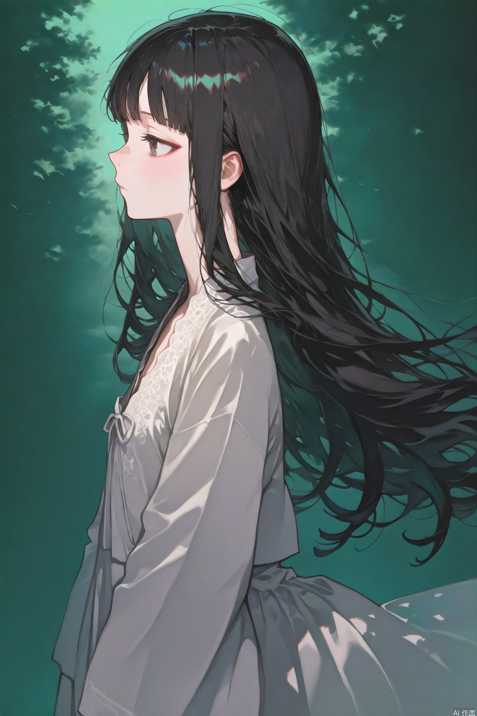 miluo_zcch, digital art, vector art, female, woman, Asian, long black hair, white dress, flowing dress, green background, abstract background, wind, elegant, side profile, serene expression, smooth textures, stylized, minimalistic, green and white color palette, traditional Asian attire, serene, calm, peaceful, long hair, windblown hair, soft colors, smooth lines, delicate, graceful, medium shot, upper body, standing, looking ahead, outdoors, nature, tranquil, quiet, peaceful scene,
