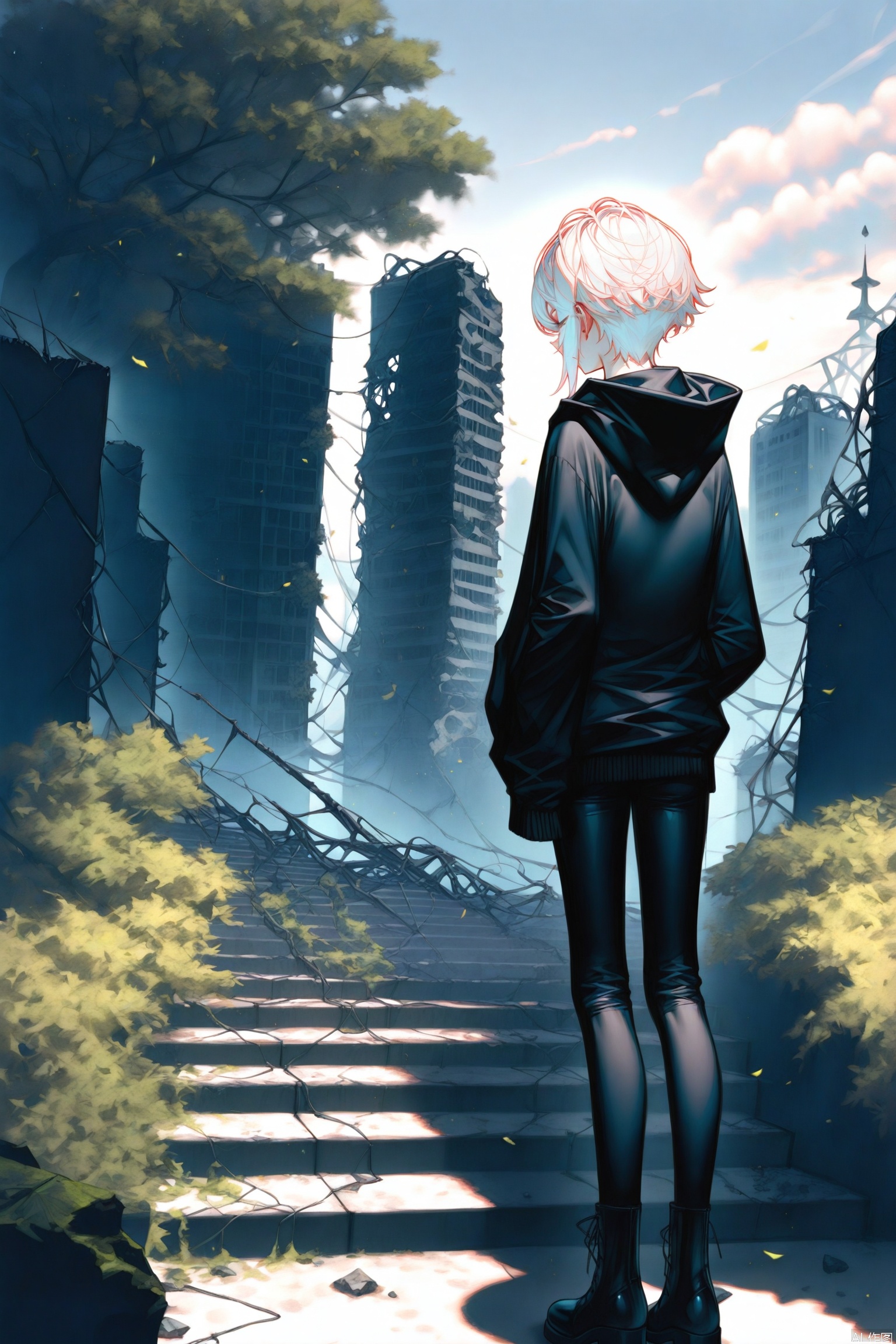 masterpiece, Ultra-high resolution, high quality, extremely detailed CG unity 8k wallpaper, extremely detailed, anime style, cover art, //, (chen bin:0.5),konya666,(hiten \(hitenkei\):0.4),(rimuu:0.5),(mignon:0.5),(sheya:0.6),[iumu], //, extreme aesthetic,(wlop:0.6),masterpiece,best quality,good quality,newest,very aesthetic,absurdres,Visual impact,32K UHD,sharp focus,(mogumo:1.1),(good hands, nice hands:0.5),impactful picture,offcial art, solo, short hair, long sleeves, standing, white hair, boots, outdoors, sky, day, cloud, hood, from behind, black footwear, tree, sleeves past wrists, hoodie, hood down, building, scenery, stairs, ruins, overgrown, post-apocalypse
