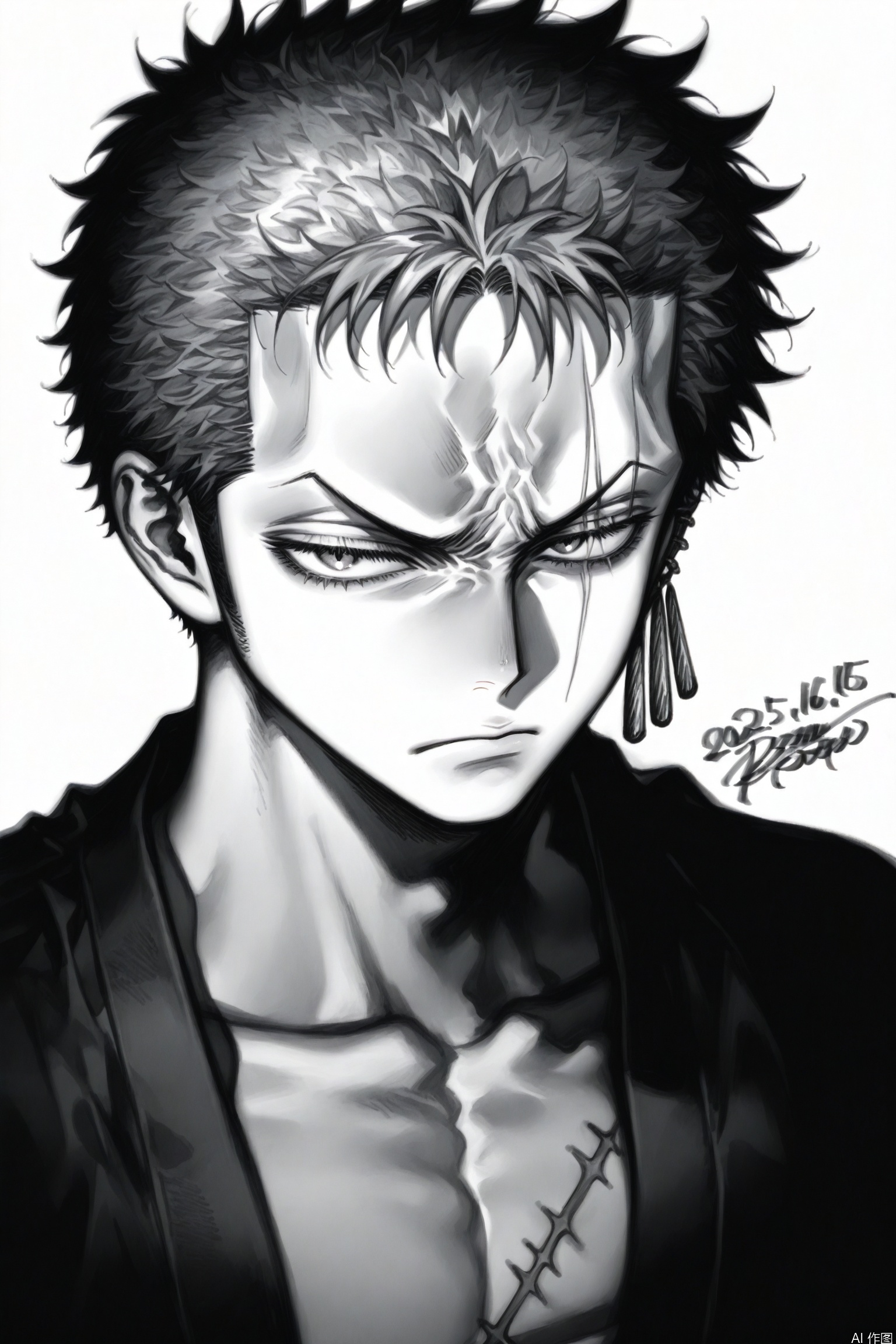 monochrome, traditional media, simple background, white background,signature, dated:2025.3.16 solo,1boy,male focus,jewelry,earrings,scar,greyscale,scar on face,looking at viewer,short hair,portrait,roronoa zoro,scar across eye,frown,closed mouth,sketch,serious,traditional media,

