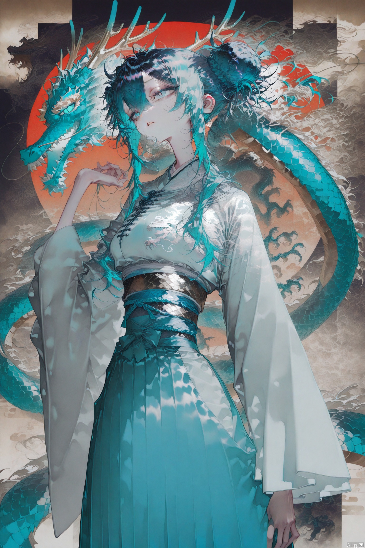 masterpiece, extreme aesthetic,best quality, high quality, extremely detailed CG unity 8k wallpaper, extremely detailed, High Detail, vibrant colors, anime style, cover art, sharp focus,impactful picture,offcial art,Chinese style,Anime national style clothes,Colorful and complex background, masterpiece,best quality,good quality,newest,very aesthetic,absurdres,Visual impact,32K UHD,colorful, 1girl, solo, long hair, eastern dragon, dragon, multicolored hair, double bun, year of the dragon, long sleeves, japanese clothes, wide sleeves, hair bun, parted lips, aqua eyes, blue eyes, aqua hair, chinese zodiac, sash, skirt, hakama, chinese clothes, hand up (wanke:0.8),(mon (monmon2133):0.5),(mochizuki kei:0.95), (tira 27:0.7)
