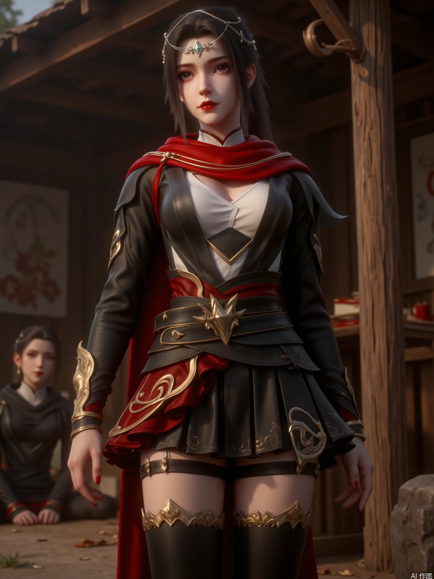 The image depicts a character dressed in a detailed, fantasy-style outfit. The character is wearing a black and red outfit with intricate designs, including gold accents. The outfit consists of a black top with white sections, a red cape, and a black skirt with gold trim. The character also wears black thigh-high boots with gold detailing. The background shows a wooden structure, possibly part of a building or a market stall, with a few other figures partially visible. The setting appears to be a historical or fantasy-themed environment.