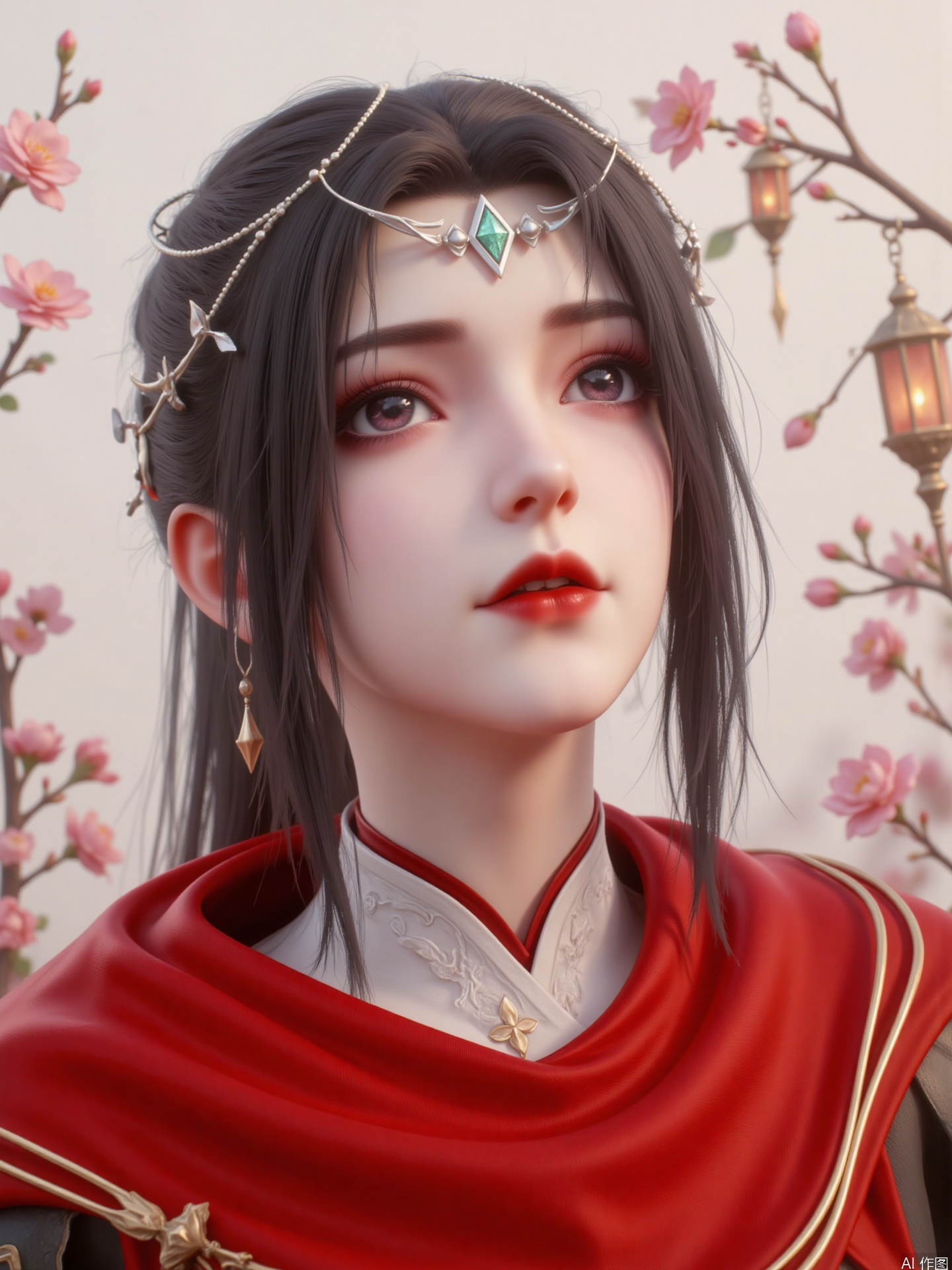 The image depicts a person with long black hair wearing a silver headdress with green gemstones. The character is wearing a red cape with gold ornament and a white dress inside

There are flower branches and ancient lanterns beside you, with a light background, creating a gentle and soft classical atmosphere as a whole.