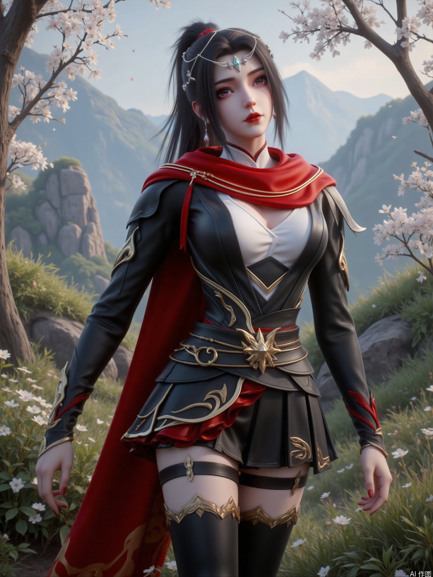 The picture shows a woman with long black hair. She has pink eyes and bright red lips, delicate makeup, three-dimensional facial features, silver headdress and earrings, his hair is tied into a high ponytail and has a red strap, and her breasts are very large. The overall image is sweet and sexy.

The character wears black and red costumes with intricate designs including gold decorations. The outfits include a black top with a white part, a red cape and a black skirt with gold embellishments. The character also wore black over-knee boots with golden details

The background is a natural scene full of fairy tale artistic conception, with trees full of white flowers, blooming on the branches and falling in the wind. In the distance are mountains shrouded in mist, with strange shapes of rocks and vegetation covering them. The overall background creates an extraordinary, mysterious and distant atmosphere.