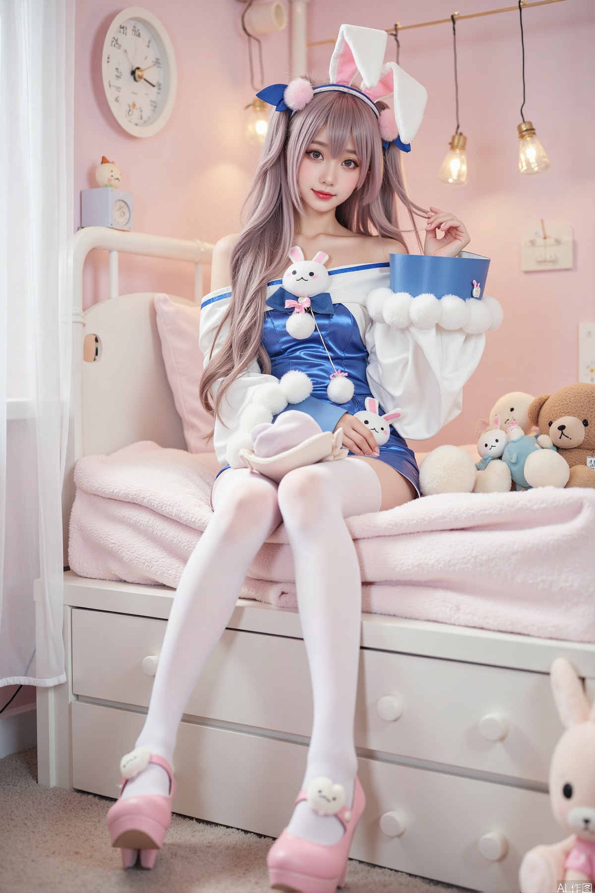 Realistic photo, one young woman, long hair, fair skin, off-shoulder, rabbit dress, pantyhose, long legs, high heels, full body, sitting, cute bedroom, plush toys,