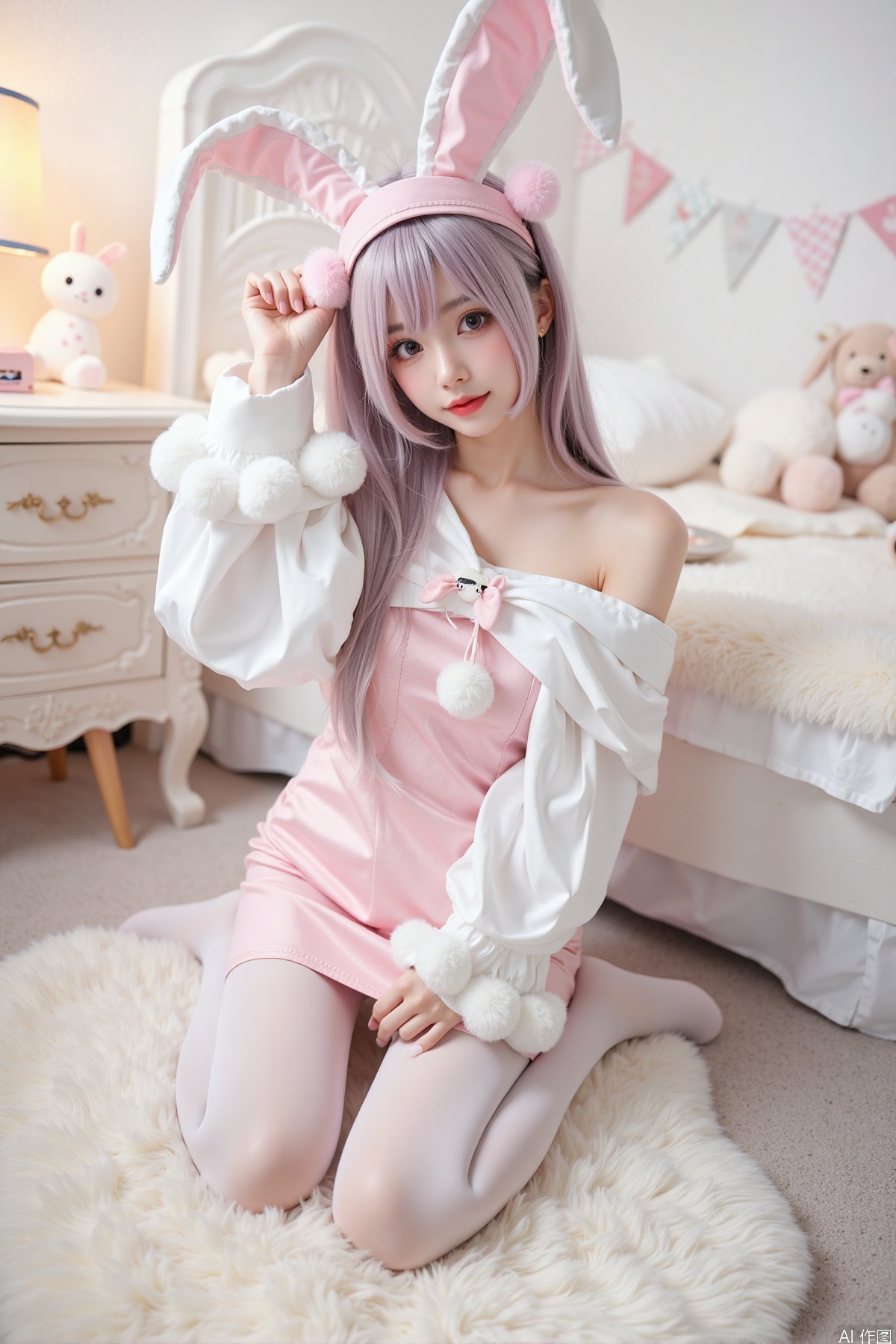 Realistic photo, one young woman, long hair, fair skin, off-shoulder, rabbit dress, pantyhose, long legs, high heels, full body, sitting, cute bedroom, plush toys,