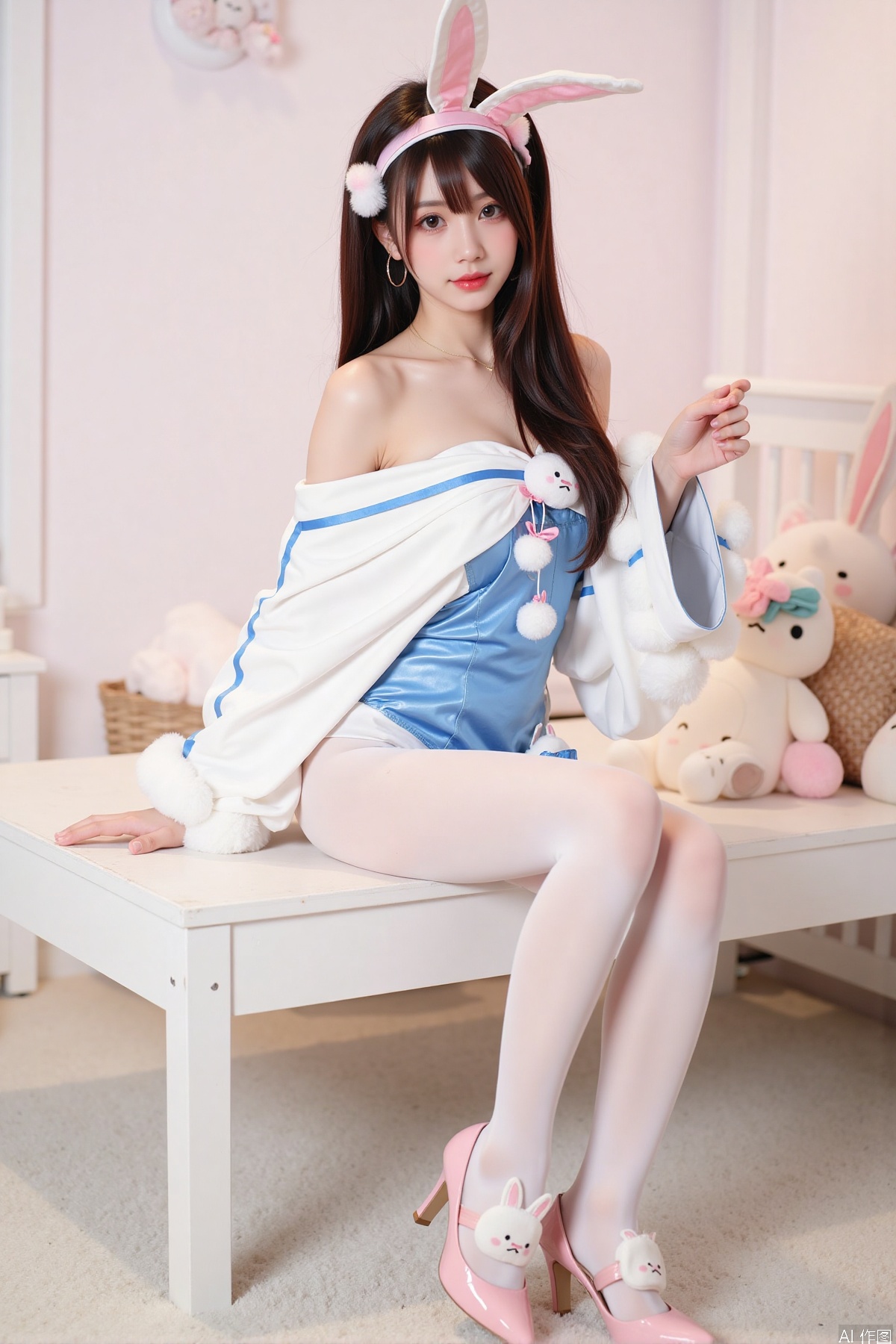 Realistic photo, one young woman, long hair, fair skin, off-shoulder, rabbit dress, pantyhose, long legs, high heels, full body, sitting, cute bedroom, plush toys,