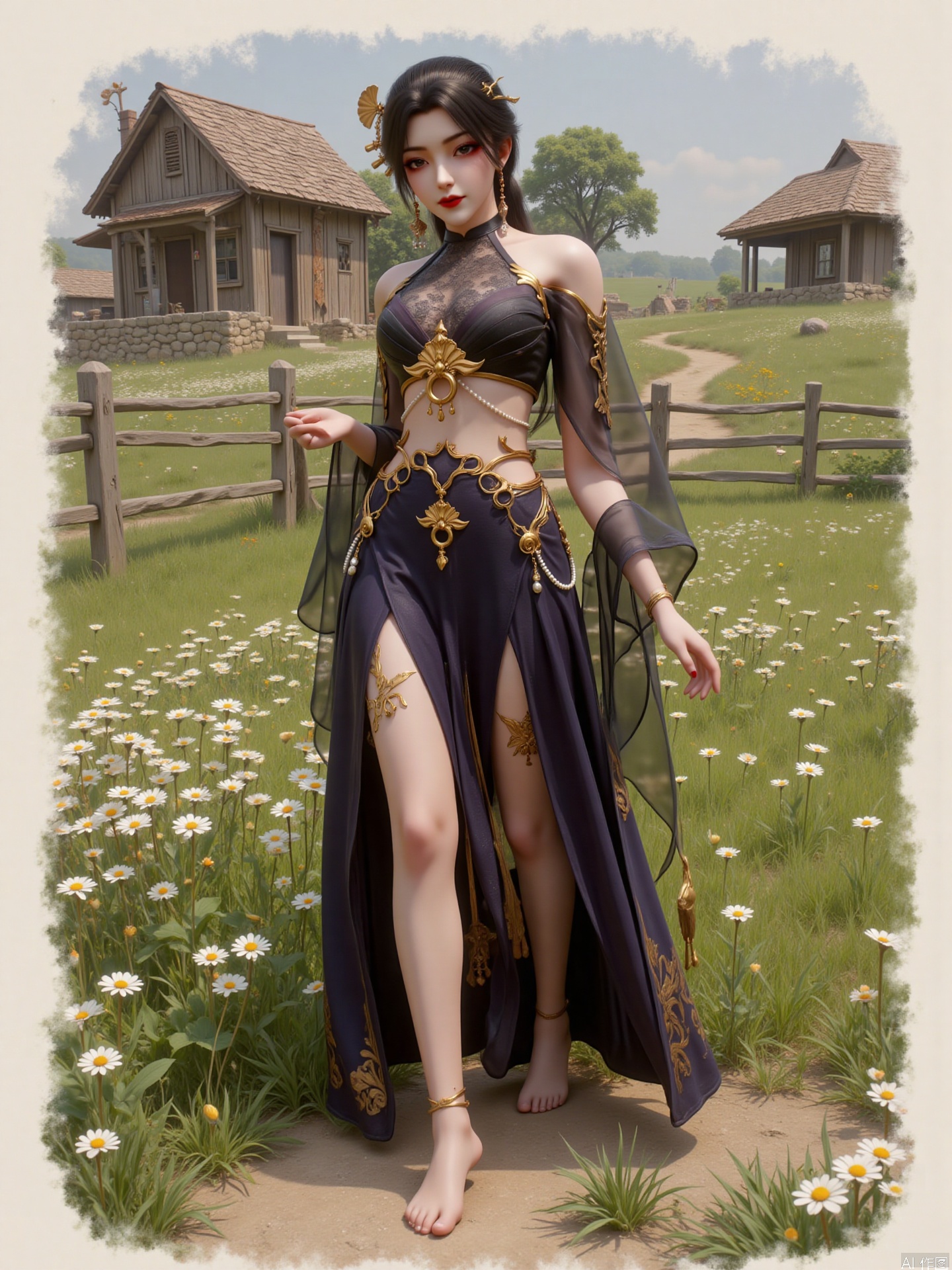 "The picture shows a woman with long black hair, with black eyes and red lips, delicate makeup, three-dimensional facial features, and her hair is decorated with pearly accessories and large swaying earrings

She was dressed in complex and gorgeous clothes. Combined with black and gold, the top has a lace-like design, and exquisite arm and shoulder decorations. He didn't wear shoes, and he had a pearl anklet on his feet, which looked very charming

She stood barefoot in a field full of daisies, behind her were quaint wooden houses and fences, and her artistic style was swaying towards pastoral watercolor style, giving people a sense of tranquility and nature. "