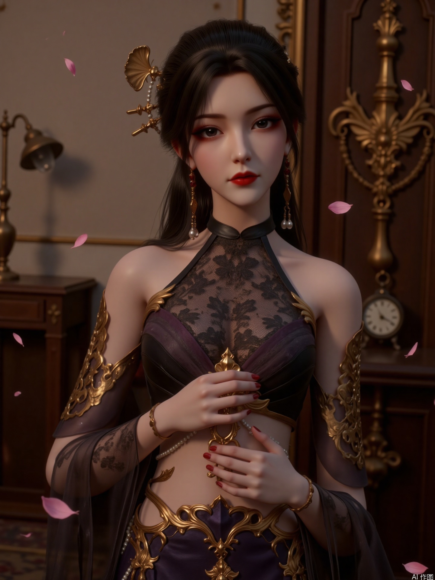 The picture shows a woman with long black hair, with black eyes and red lips, delicate makeup, three-dimensional facial features, and her hair is decorated with pearly accessories and large swaying earrings.
She was dressed in complex and gorgeous clothes. Combined with black and gold, the top has a lace-like design and exquisite arm and shoulder decorations
The background is an interior scene with retro-style wooden furniture and decorations, a desk lamp is placed on the small table next to it and exquisitely carved decorations on the walls. Pink petals are scattered on the ground, adding a touch of romantic atmosphere, contrasting with the overall gorgeous and slightly solemn scene.