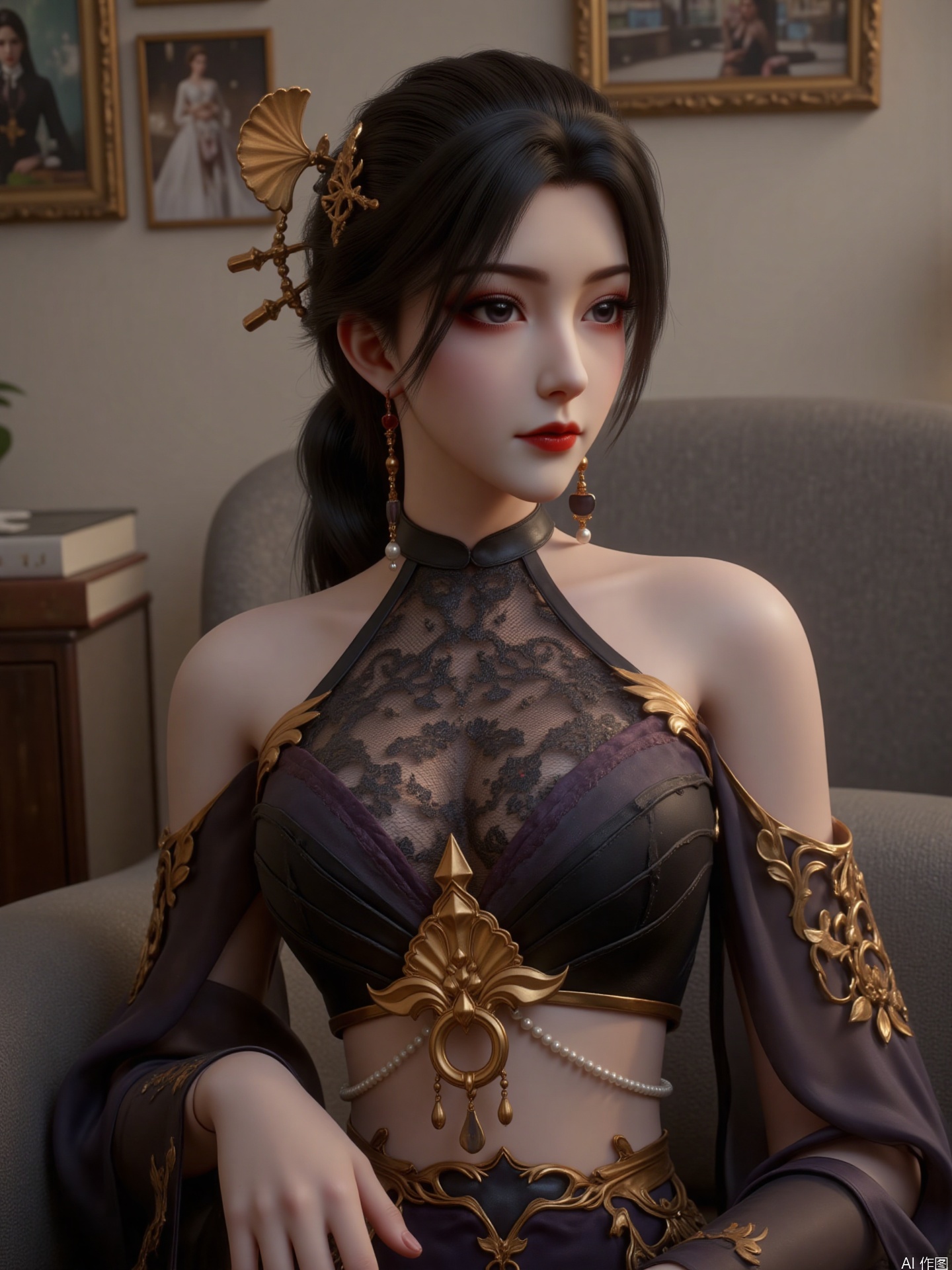 "The picture shows a woman with long black hair, with black eyes and red lips, delicate makeup, three-dimensional facial features, and her hair is decorated with pearly accessories and large swaying earrings

She was dressed in complex and gorgeous clothes. Combined with black and gold, the top has a lace-like design, and exquisite arm and shoulder decorations.

She sat gracefully, with one hand on her legs naturally. The background was an indoor scene, with some posters and photos posted on the wall, and a gray sofa and stacked books next to it, creating a homely and literary environment."