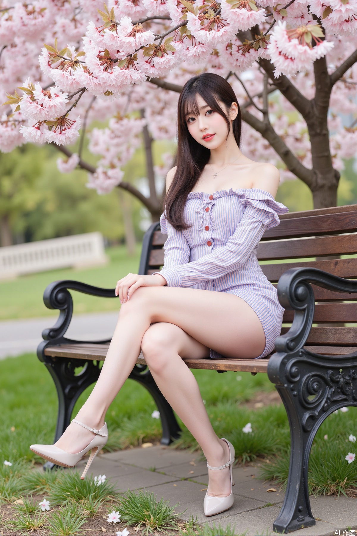 Realistic photo, one young woman, long hair, fair skin, off-shoulder dress, (shiny stockings), long legs, high heels, full body, sitting, bench, cherry tree,