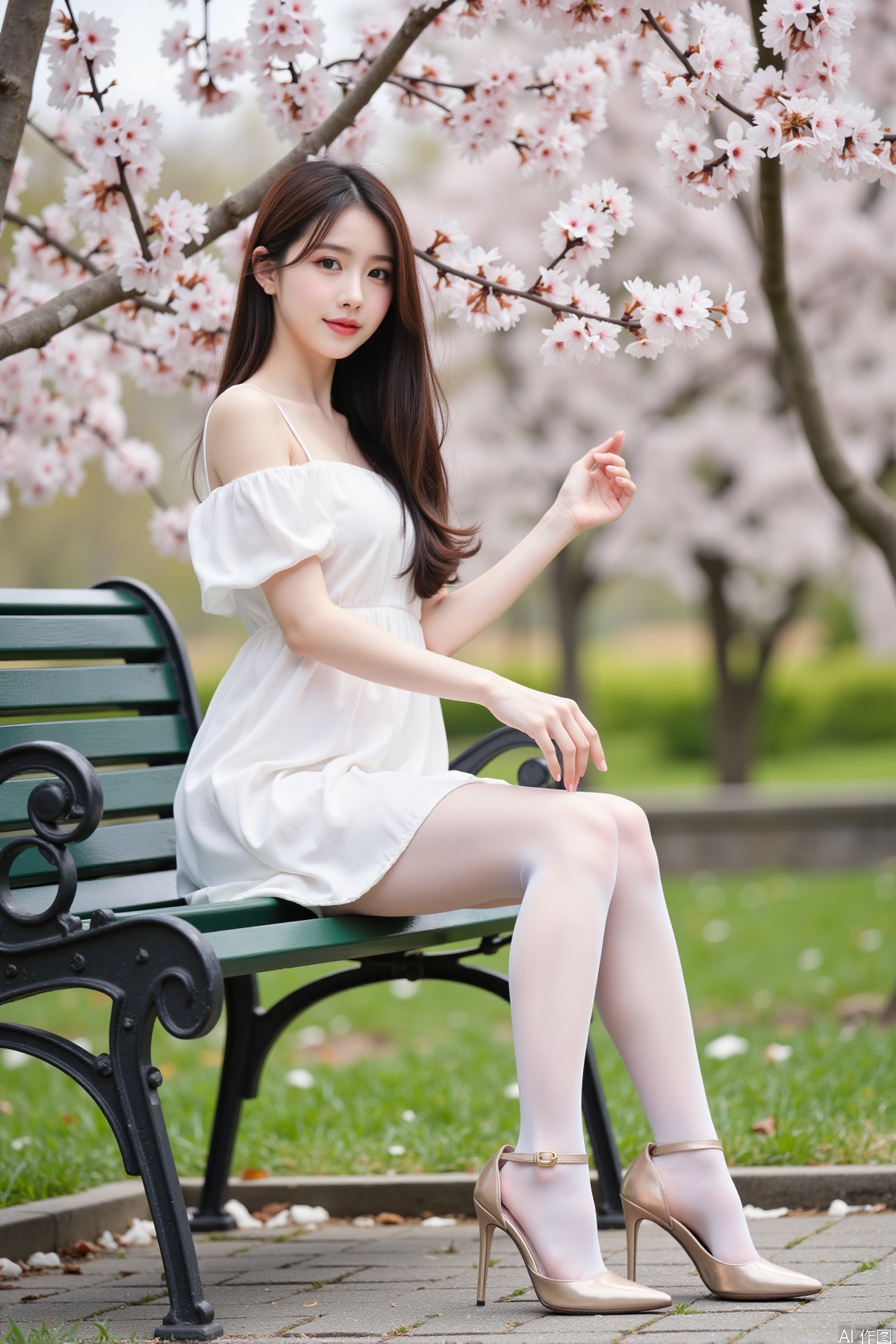 Realistic photo, one young woman, long hair, fair skin, off-shoulder dress, (shiny stockings), long legs, high heels, full body, sitting, bench, cherry tree,